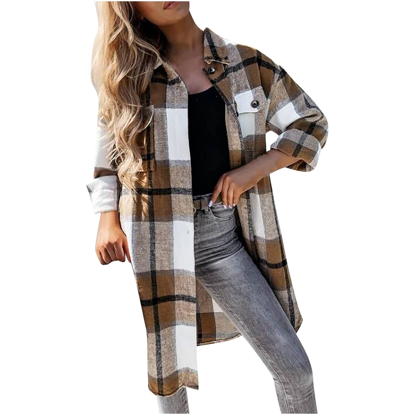 LADIGASU Women's Plaid Long Sleeve Button Down Shirt with Lapel & Pocket - Stylish Shacket Jacket & Cardigan for Casual Outfits, Office Wear & Fall Layering