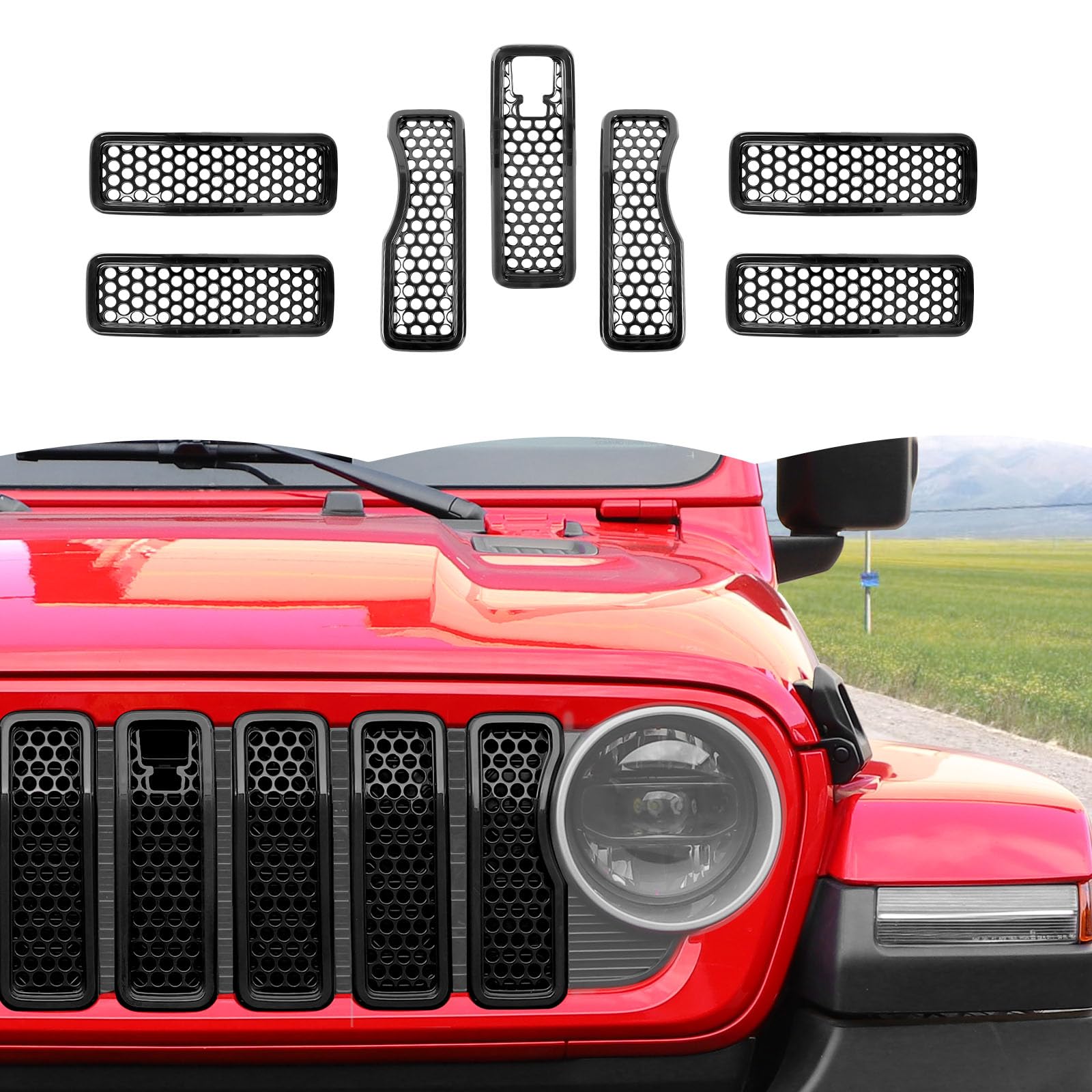 Black Front Grille Mesh Inserts with Camera Grill Decoration | Exterior Accessories for Jeep Wrangler JL/JLU & Gladiator JT (2024+) | Off-Road Protection & Custom Style Upgrade
