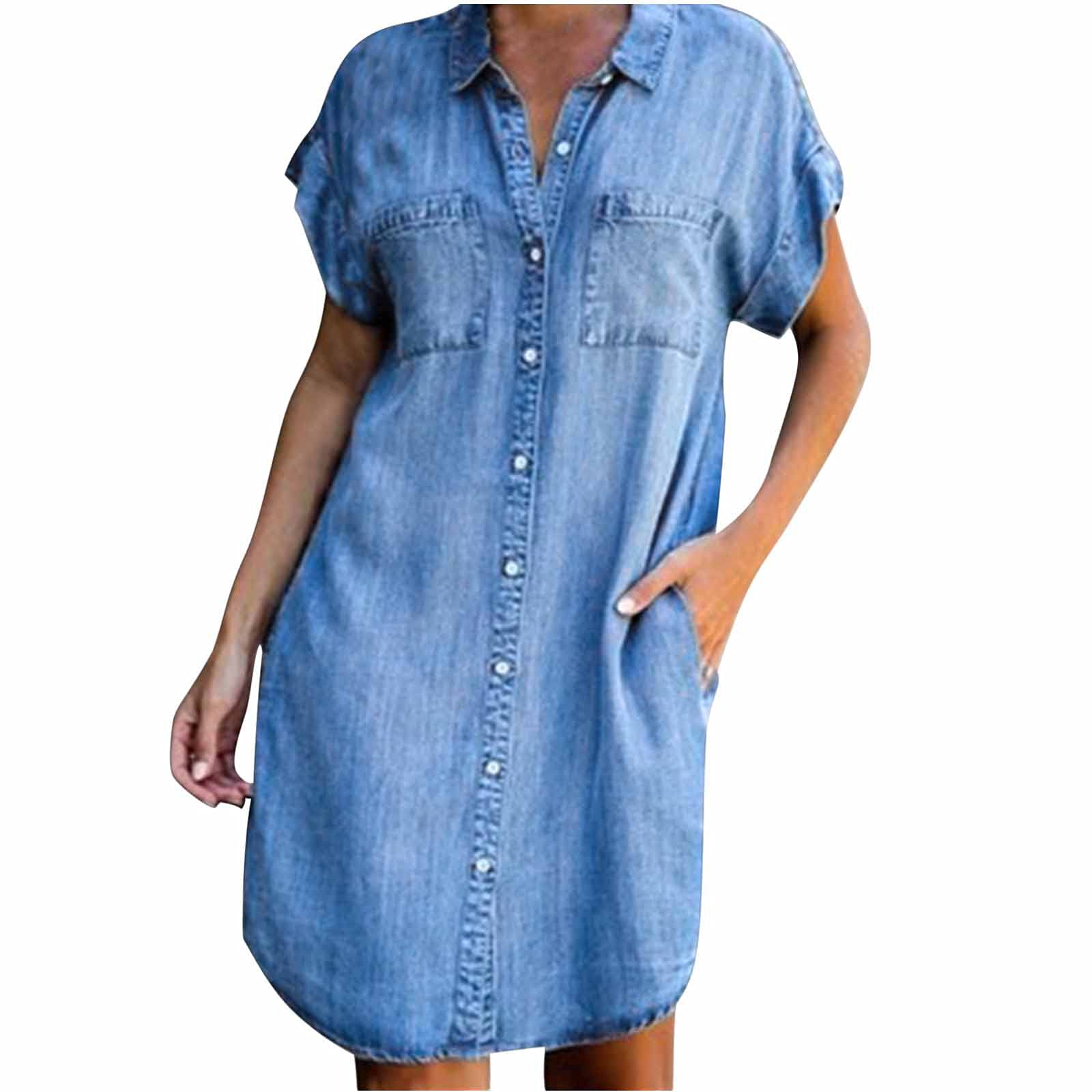 Stylish Women's Denim Shirt Dress - Short Sleeve Button Down Jean Tunic Top for Casual Wear | Perfect for Summer Outings, Beach Cover-ups & Date Nights