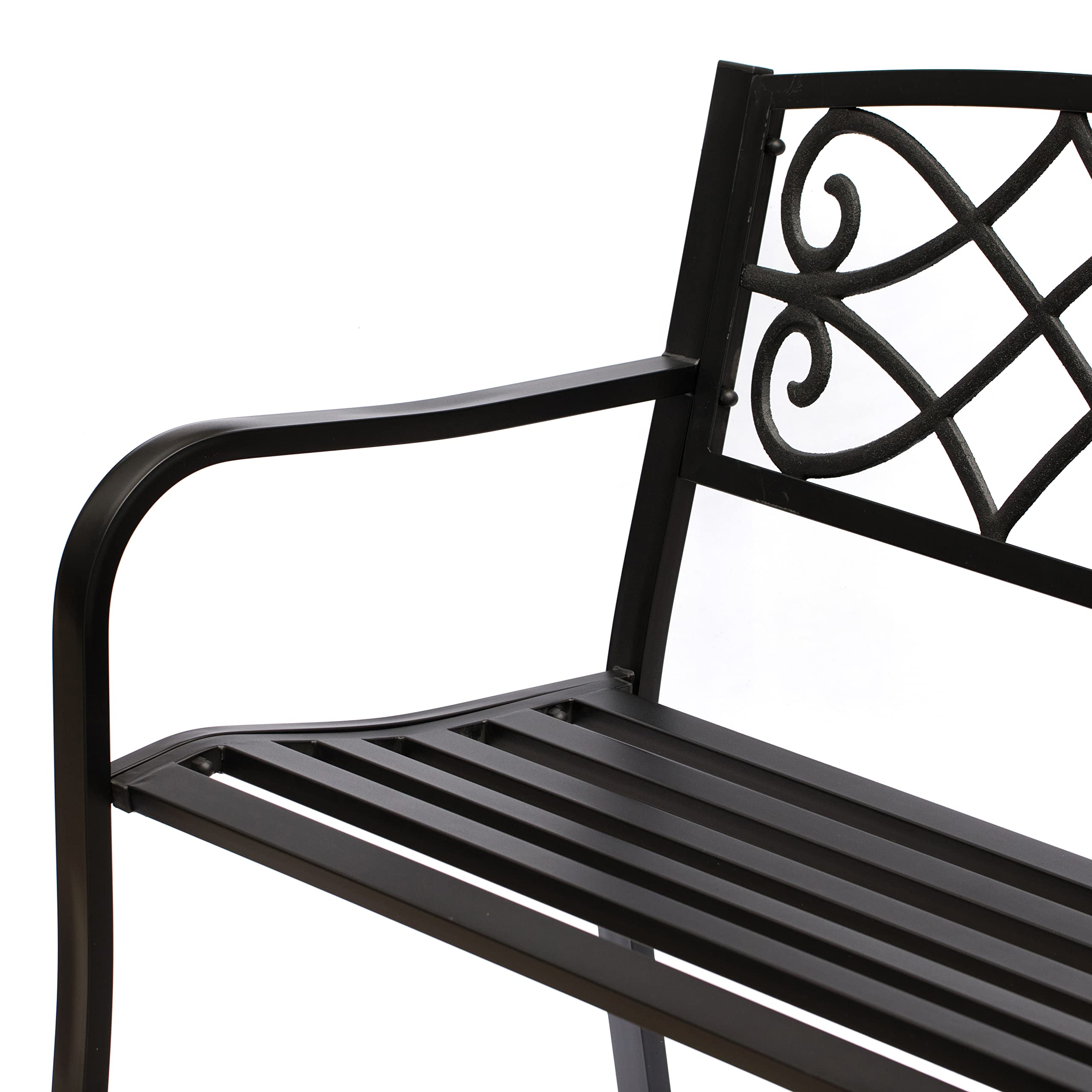 Outdoor Steel Park Bench with Cast Iron Back - Heavy Duty Garden Patio Bench for Yard, Balcony, Deck | Durable Black Seating Bench for Outdoor Relaxation, Park Decor & Backyard Lounging