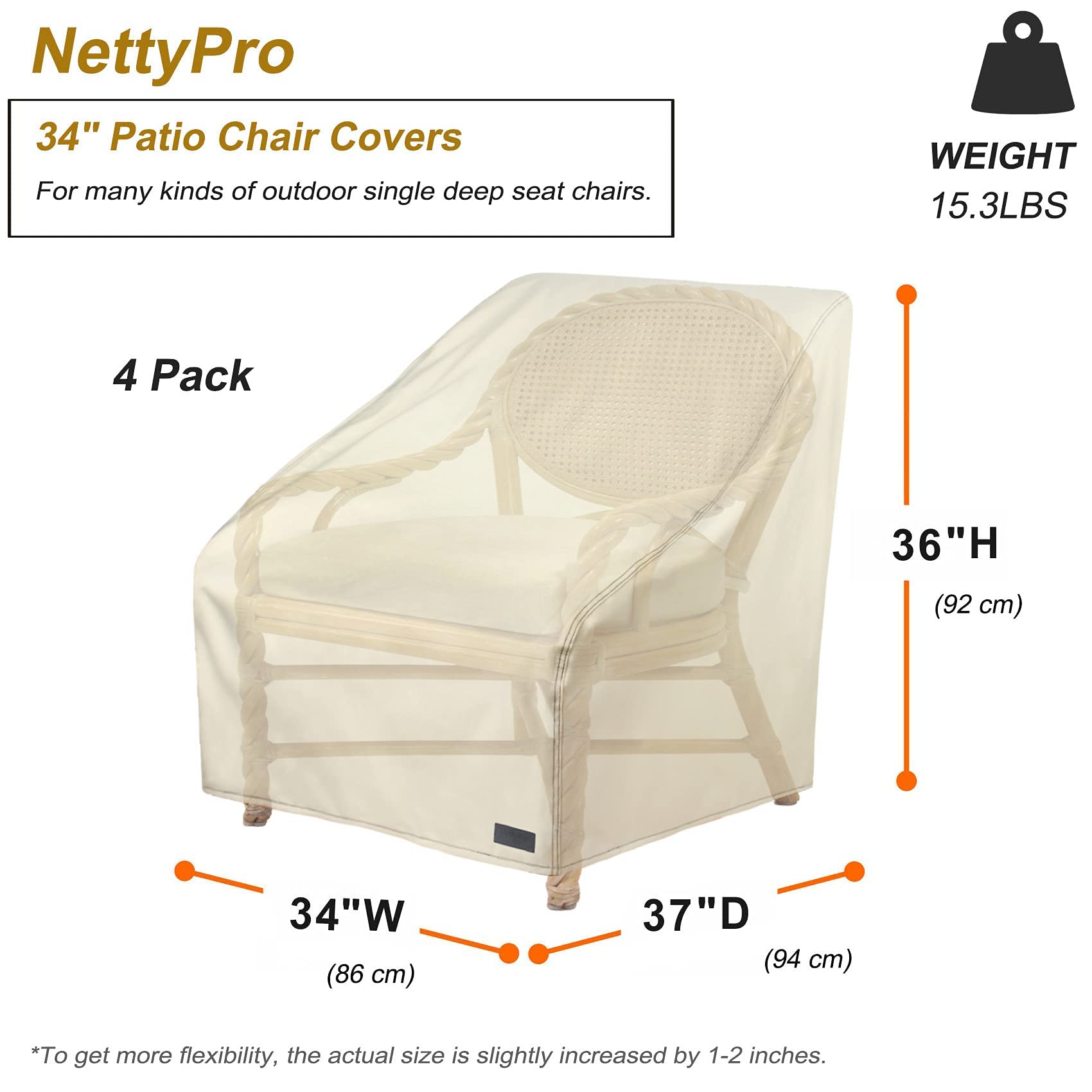 NettyPro 34 Inch Waterproof 600D Heavy Duty Patio Chair Covers Set of 4 - Beige Outdoor Seat Protectors for Deck, Garden & Poolside Furniture