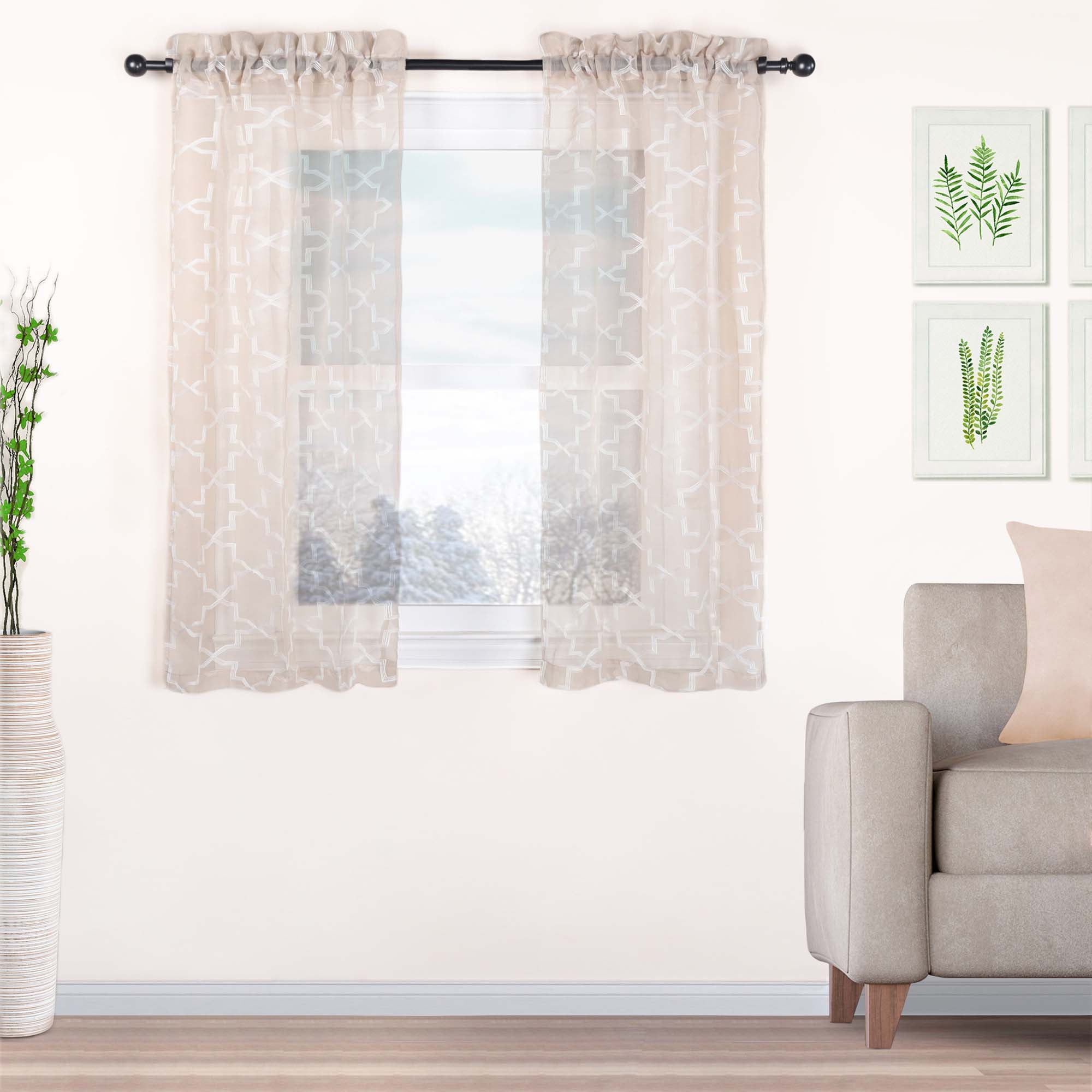 Embroidered Quatrefoil Semi-Sheer 2-Piece Curtain Panel Set - Elegant Window Treatment for Living Room & Bedroom Decor