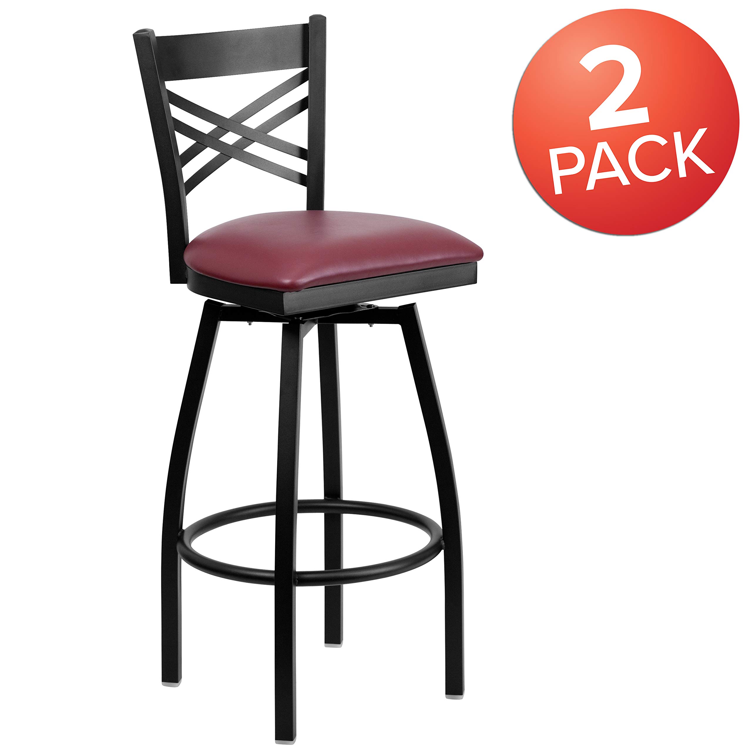 2 Pack Black X-Back Swivel Metal Barstools with Burgundy Vinyl Seat - Heavy Duty Counter Height Bar Stools for Kitchen Island, Breakfast Nook & Home Bar (Set of 2)
