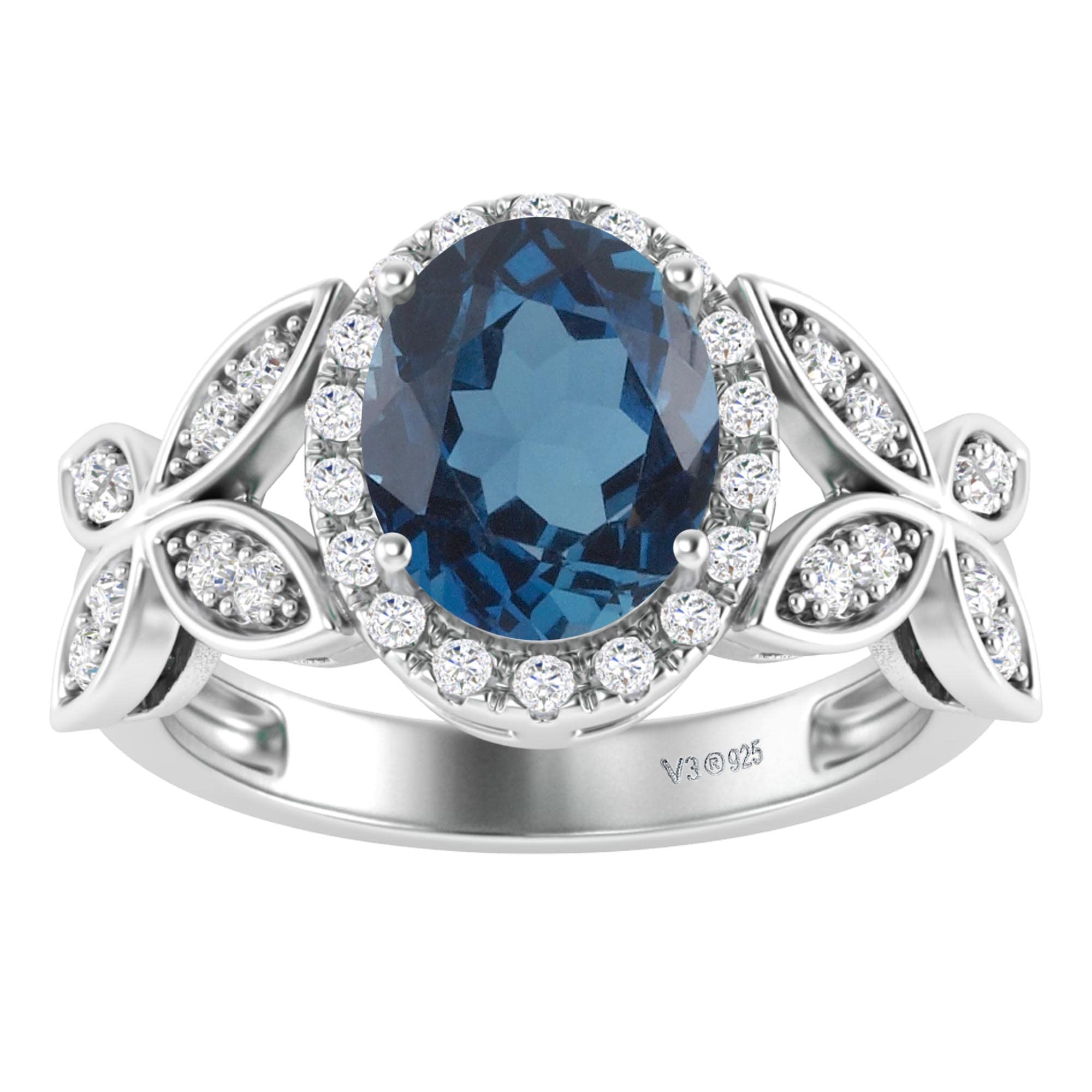 Natural London Blue Topaz & White Topaz Halo Ring in Sterling Silver | Elegant Jewelry for Women, Engagement, Anniversary & Special Occasions