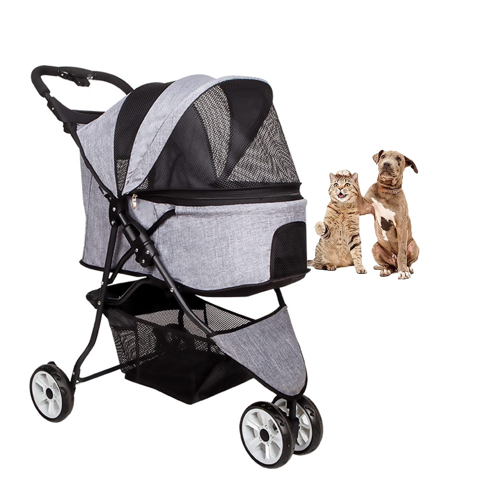3 Wheel Foldable Pet Stroller for Cats & Dogs - Large/Medium Size with Storage Basket & Cup Holder | Perfect for Outdoor Walks, Vet Visits & Shopping Trips