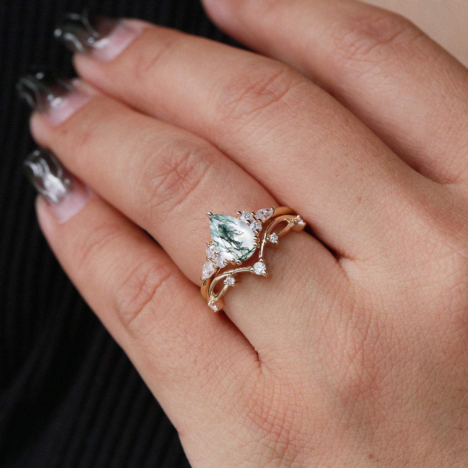 Branches Pear Moss Agate Leafy Ring Set - 2 Piece Sterling Silver Nature Inspired Jewelry for Women - Perfect for Boho Chic Outfits & Everyday Wear