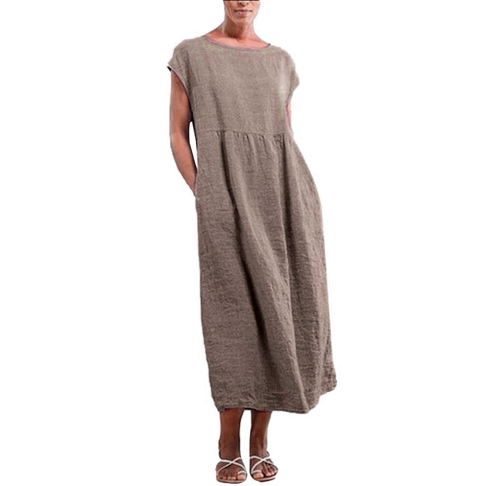 YIMEIM Beige Women's Summer Cotton Linen Dress - Sleeveless Crew Neck Loose Fit Kaftan Maxi Dress with Pockets | Beach Cover Up, Vacation Outfit, Casual Boho Style