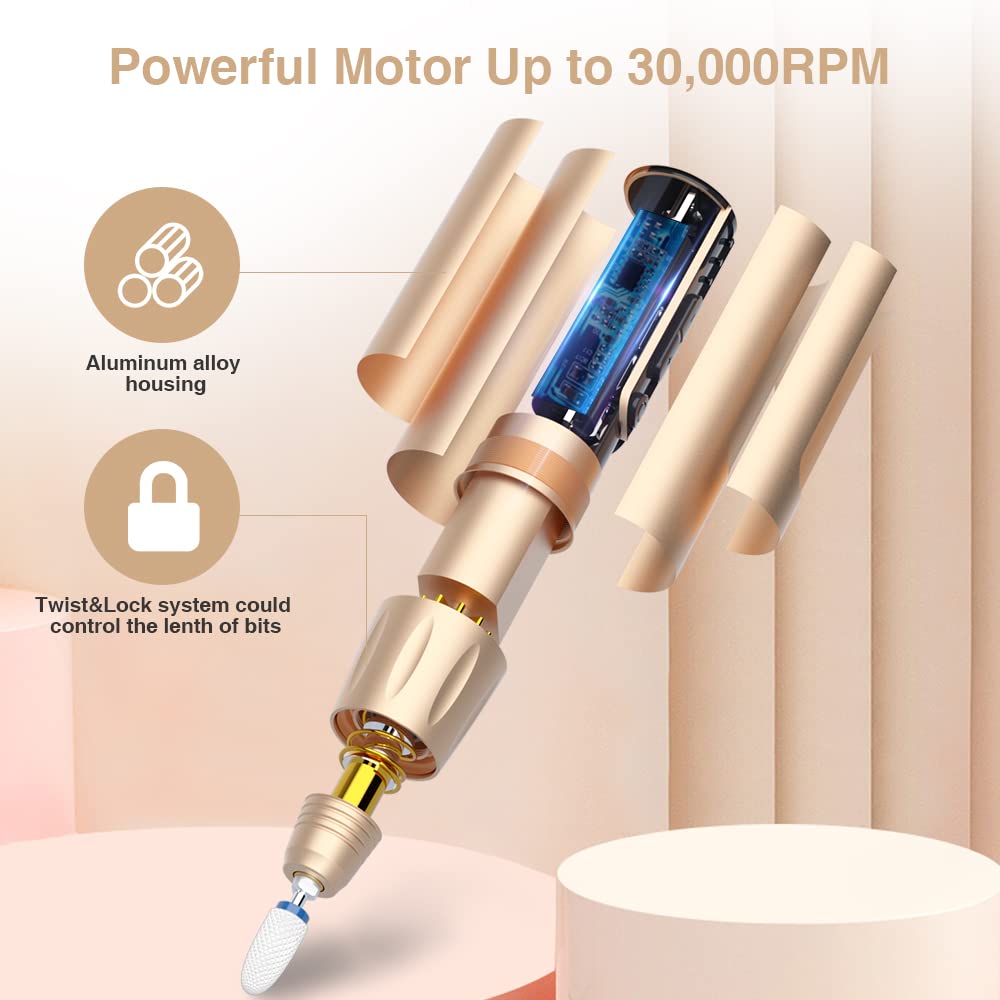 Professional 30000RPM Rechargeable Nail Drill Kit for Acrylic & Gel Nails - 18K Gold Electric Nail File with 8 Bits | At-Home Manicures, Salon Quality Nail Art, DIY Nail Extensions & Pedicures