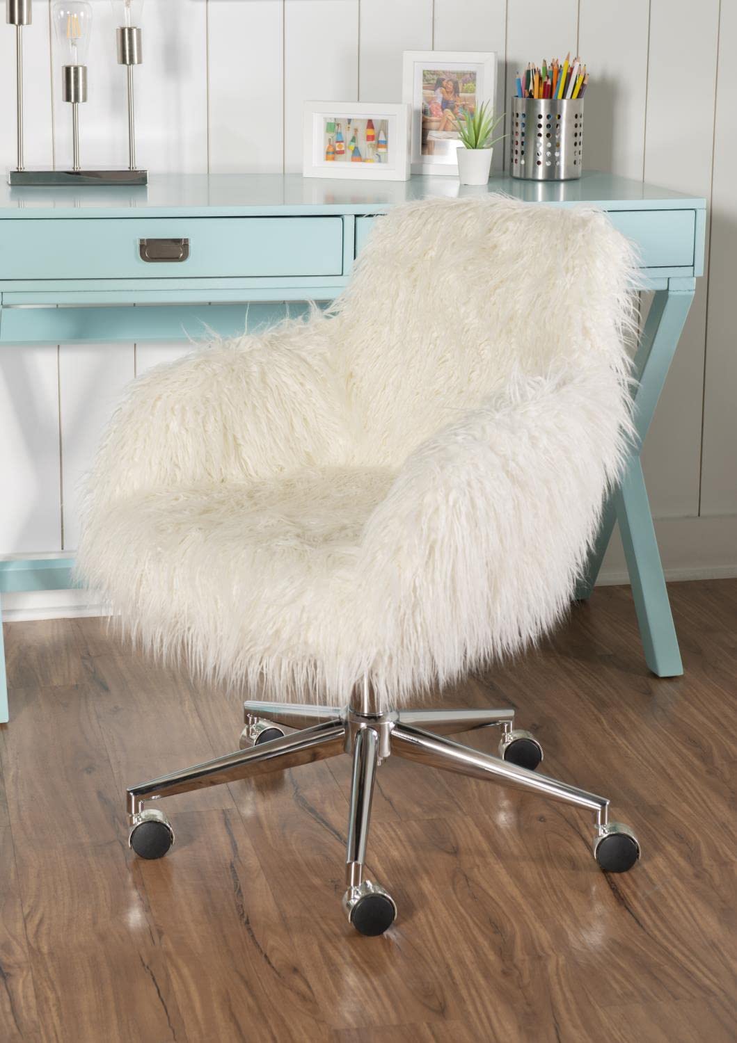 Linon Fiona Office Chair - Ergonomic Faux Fur Desk Chair with Adjustable Height, Lumbar Support - Perfect for Home Office, Gaming & Workspace Comfort
