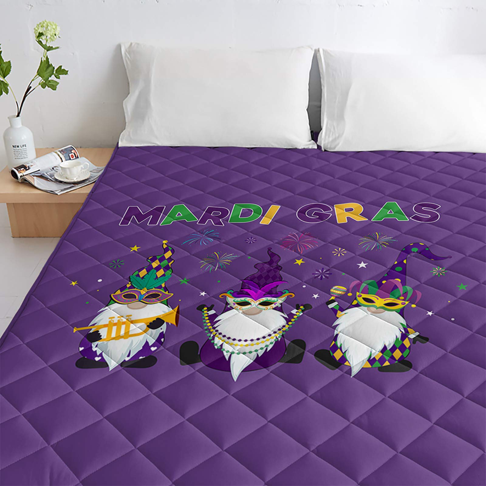 Happy Mask Gnomes Cotton Quilted Comforter - Soft Breathable All-Season Throw Blanket & Bedspread (Purple, Full Size) | Perfect for Mardi Gras Decor, Cozy Home Living & Gift Giving