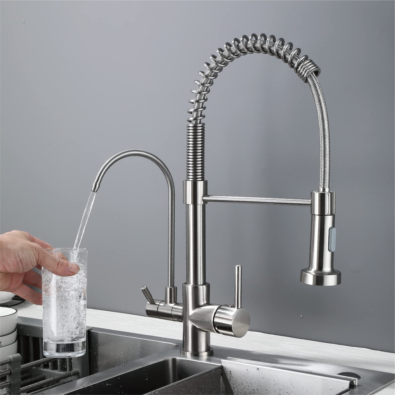 HUAHUALALA 3-in-1 Kitchen Sink Faucet with Sprayer & Water Filter - Brushed Nickel Drinking Water Faucet for Reverse Osmosis Systems | Perfect for Home, RV & Office Use