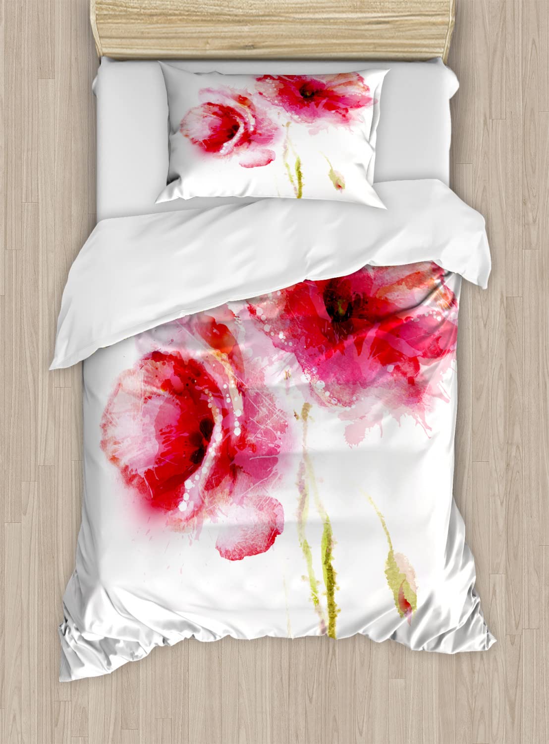 Ambesonne Floral Duvet Cover Set - Twin Size 2-Piece Bedding with Poppy Flower Design, Dark Coral - Perfect for Spring/Summer Bedroom Decor & Guest Room Styling