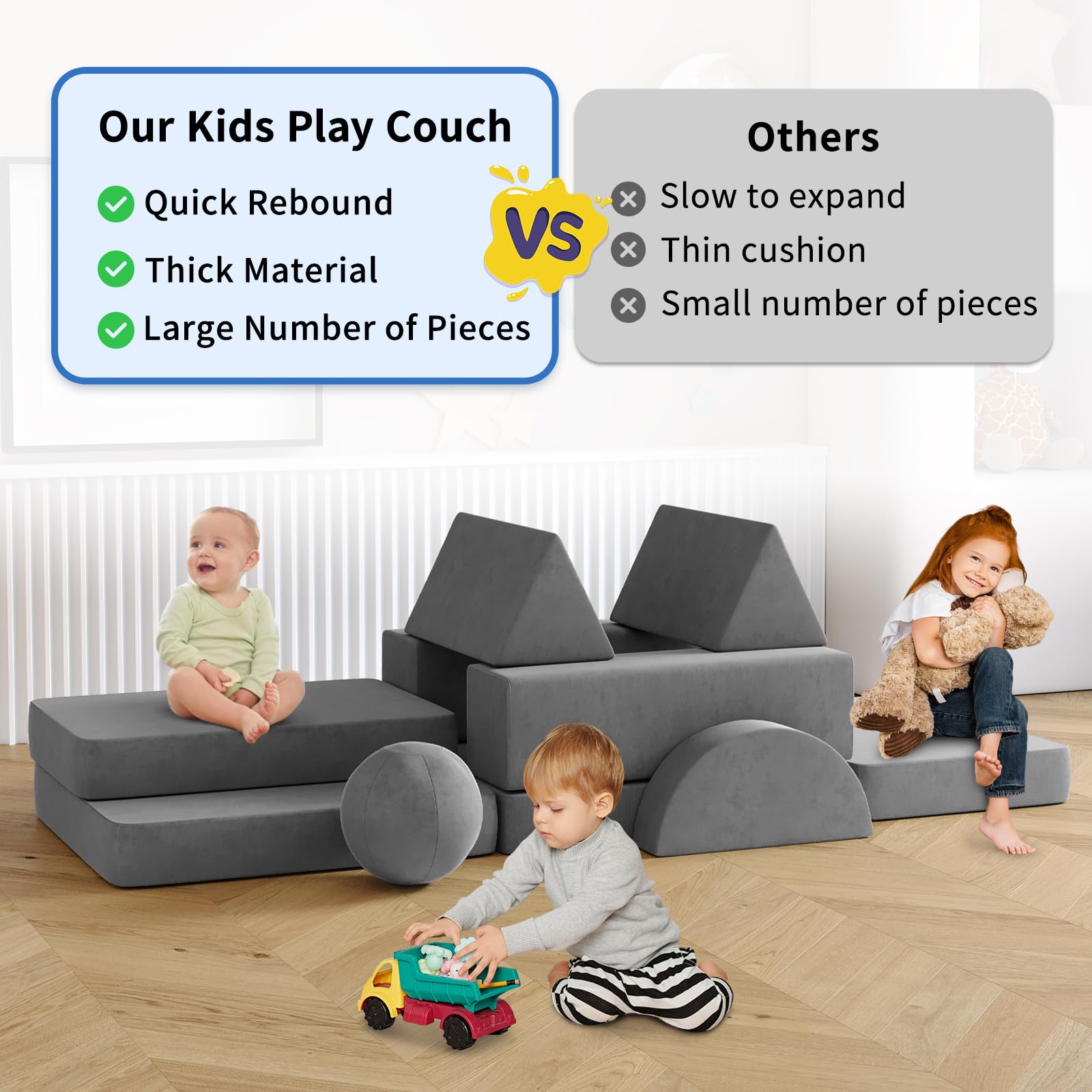 **12-Piece Modular Kids Play Couch Set with 2 Balls & Play Tunnel – Soft Toddler Sofa for Playroom, Kickball Games & 30+ Creative Activities – Dark Gray**    *(Perfect for Indoor Playrooms, Birthday Gifts, Daycare Centers & Family Game Nights!)*