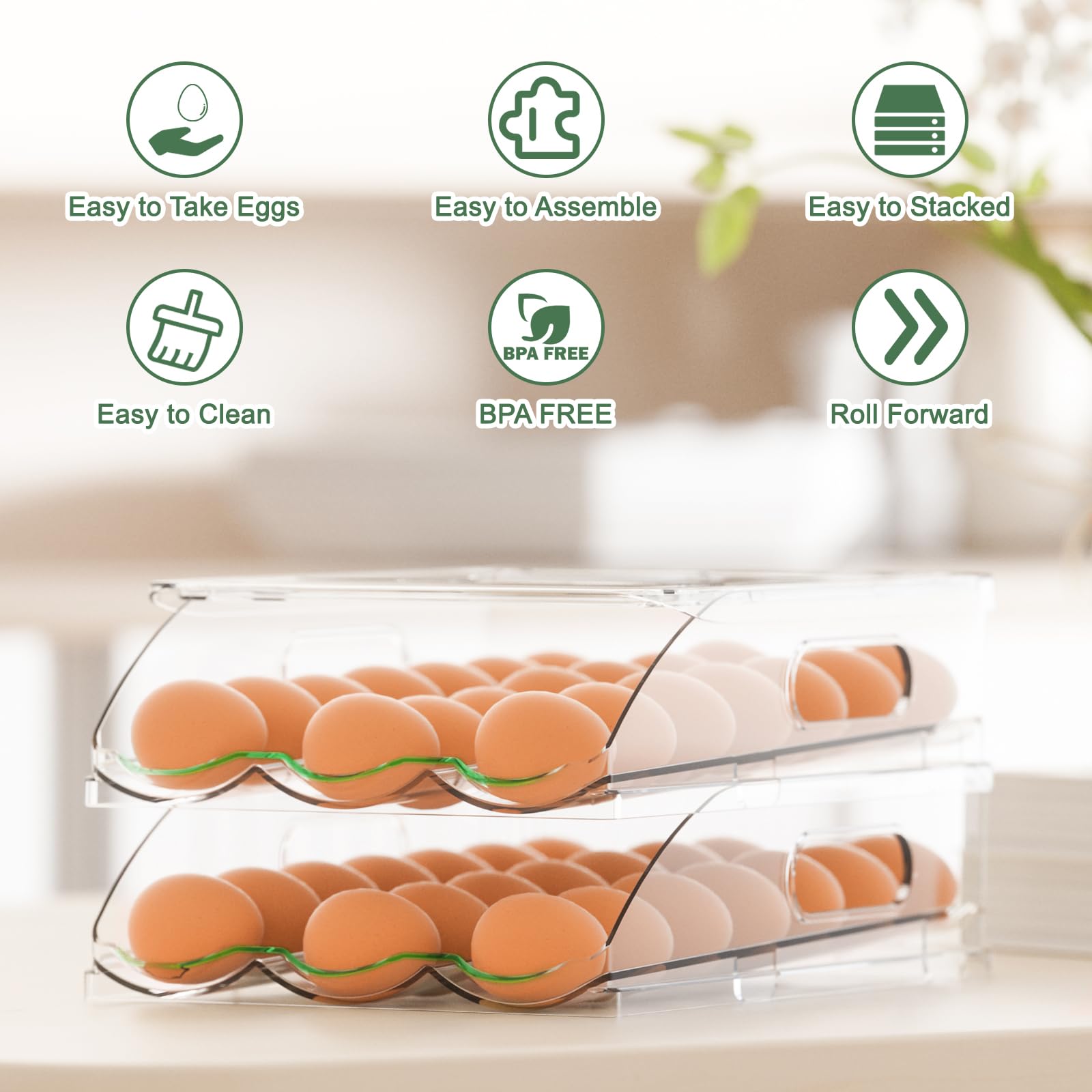 2-Layer Large Capacity Rolling Egg Holder for Refrigerator - 36 Egg Storage Container Organizer with Lid for Kitchen & Fridge - Perfect for Fresh Egg Storage, Space Saving, and Organized Refrigerator Storage