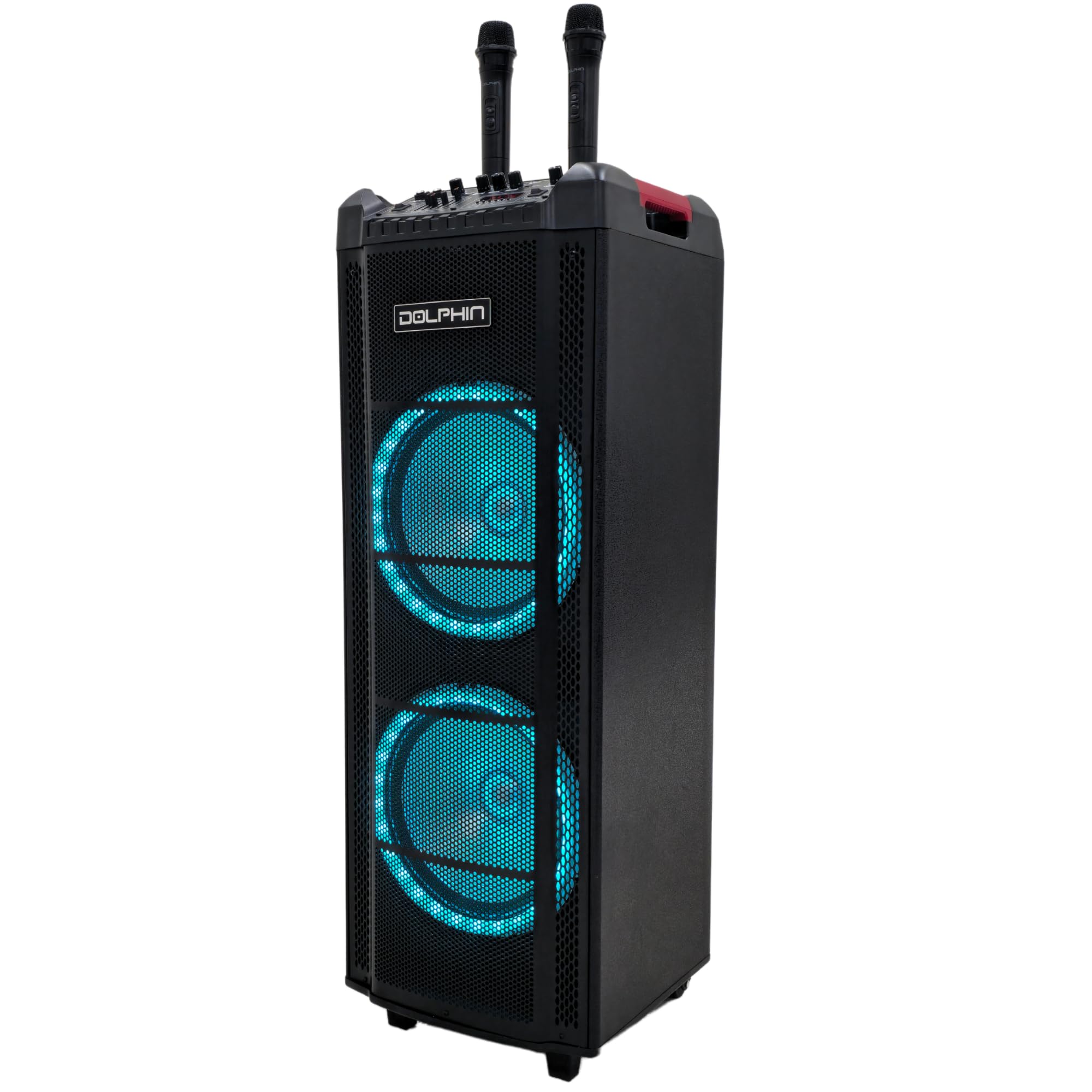 Dolphin SP-2130RBT Dual 12” Rechargeable Bluetooth Karaoke Speaker with 2 Wireless Mics & LED Lights - Portable PA System for Home Parties, Outdoor Singing & Events