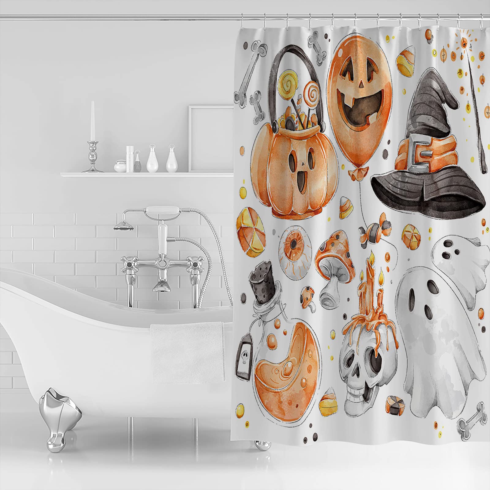 Halloween Orange Balloon Ghost Skeleton Hat Fabric Shower Curtain Set with Hooks - 72x72 Inch Waterproof Bathroom Decor for Spooky Holiday Theme (Perfect for Halloween Parties, Haunted House Decor & Gothic Bathroom Styling)