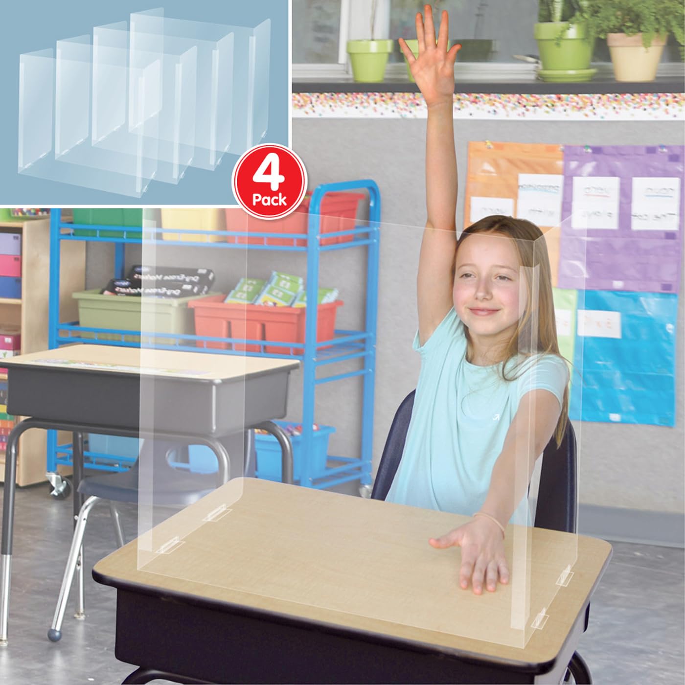 EAI Education Clear Plexiglass Student Desk Shields - 20 Inch Height, Set of 4 - Perfect for Classroom, Office, and Library Social Distancing Protection