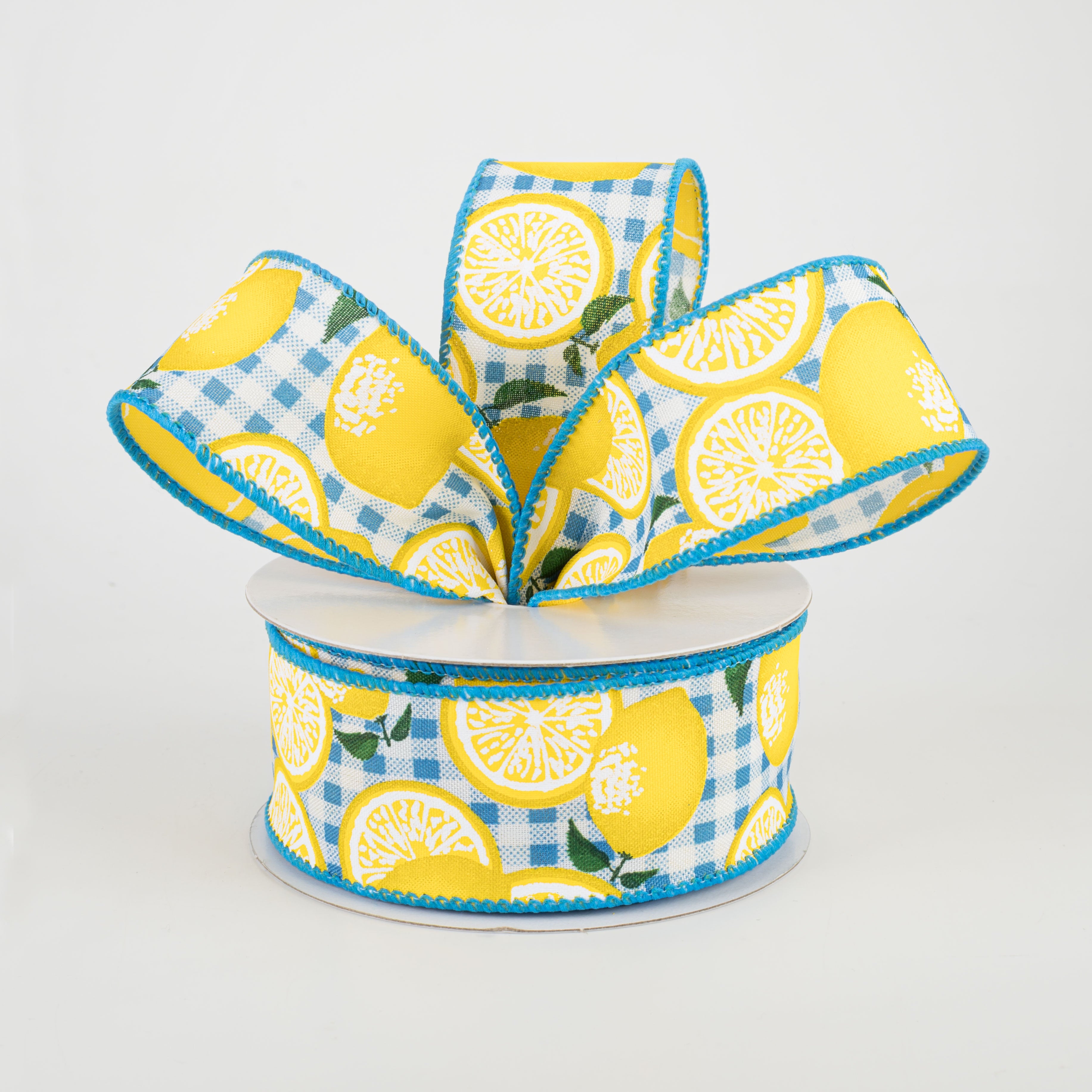 1.5 Inch Gingham Lemons Pattern Ribbon - Turquoise Blue (10 Yards) for Gift Wrapping, DIY Crafts, and Party Decorations