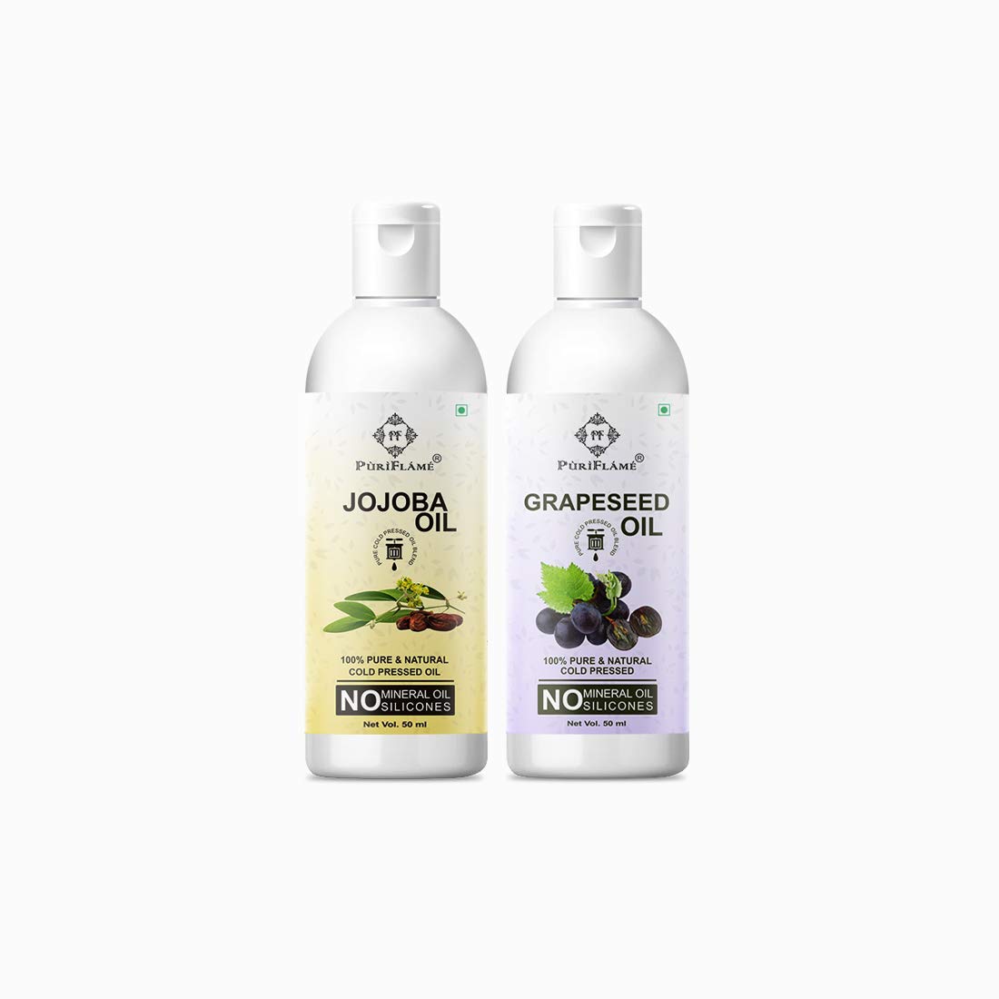 PuriFlame 100% Pure Jojoba Oil & Grapeseed Oil Combo Set - 50ML Each for Hair Growth, Anti Hair Loss, Split Ends Repair & Shiny Hair Treatment | Natural Hair Care for Dry, Damaged Hair | Perfect for Daily Hair Routine & Scalp Massage