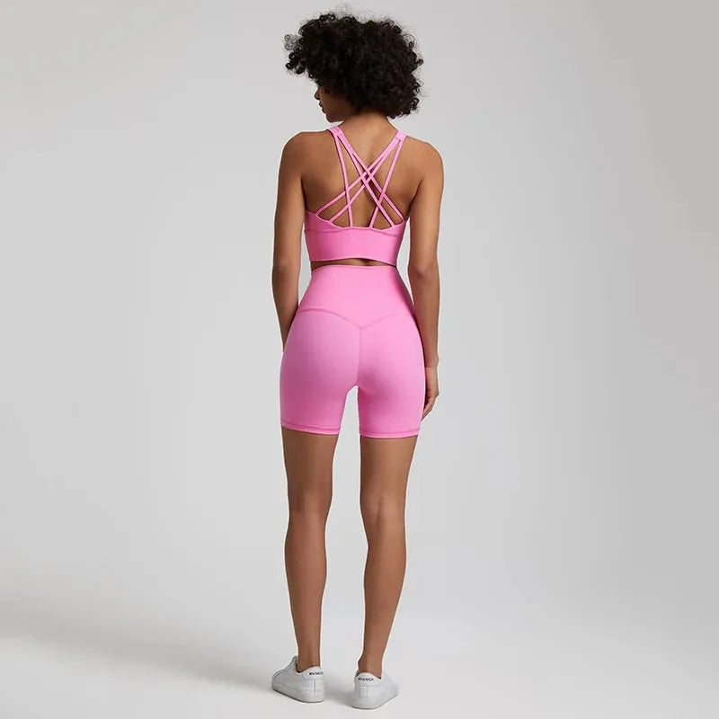 Buttery Soft 2-Piece Nylon Yoga Shorts Set for Women - High Waist Workout Clothes & Push Up Sports Bra - Perfect for Gym, Yoga & Running