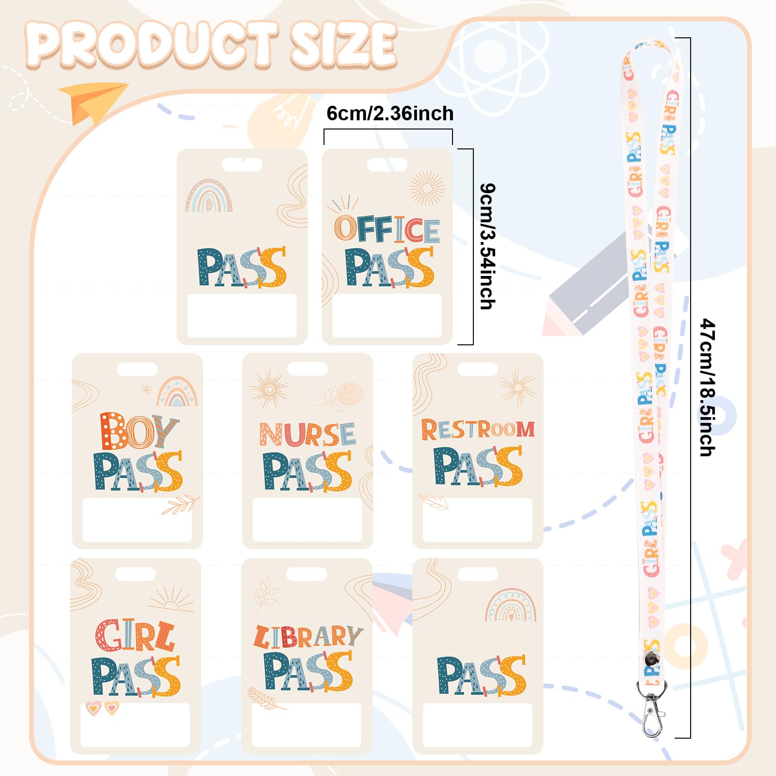 Boho Hall Passes for Classroom - 8 PVC Lanyards for School, Office & Nurse