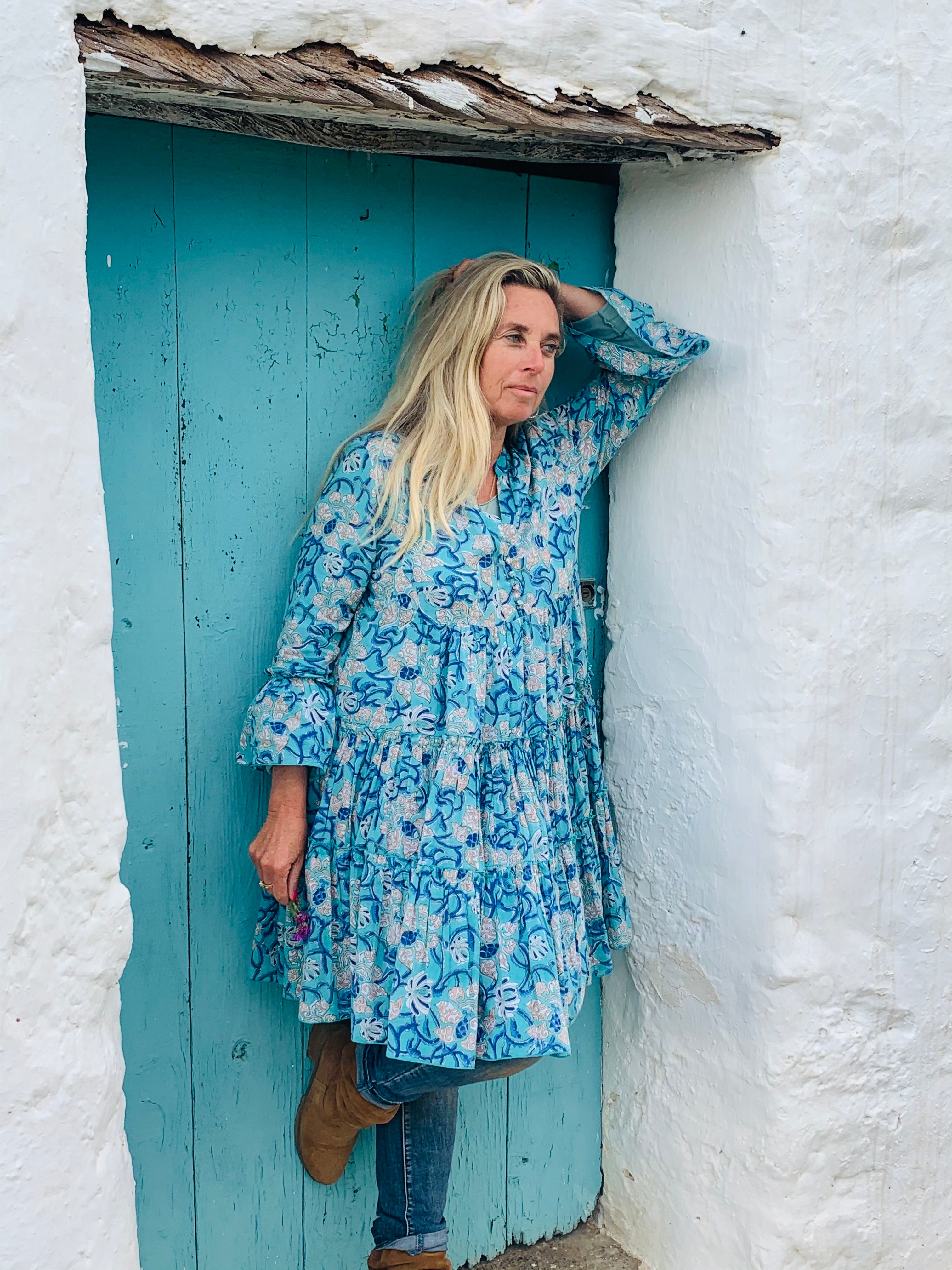 Geo Short Dress with Pearl Turquoise Details - Perfect for Summer Outings, Beach Vacations & Casual Events