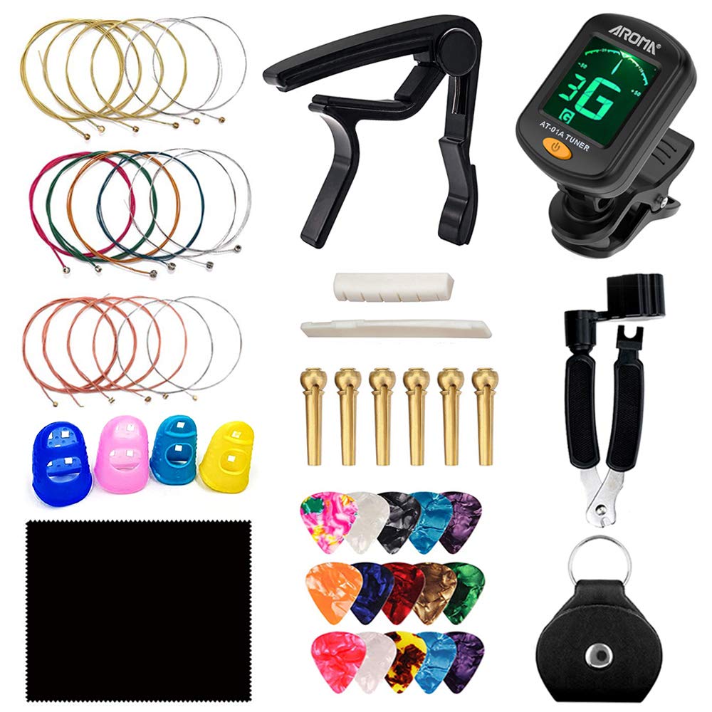 Premium Guitar Accessories Kit - Tuner, 3-in-1 Restring Tool, Picks & Bag, Alloy Capo, Strings, Copper Bridge Pins, Bone Saddle & Nut - Perfect for Guitar Maintenance, String Changing & Protection - Ideal for Beginners & Professional Musicians