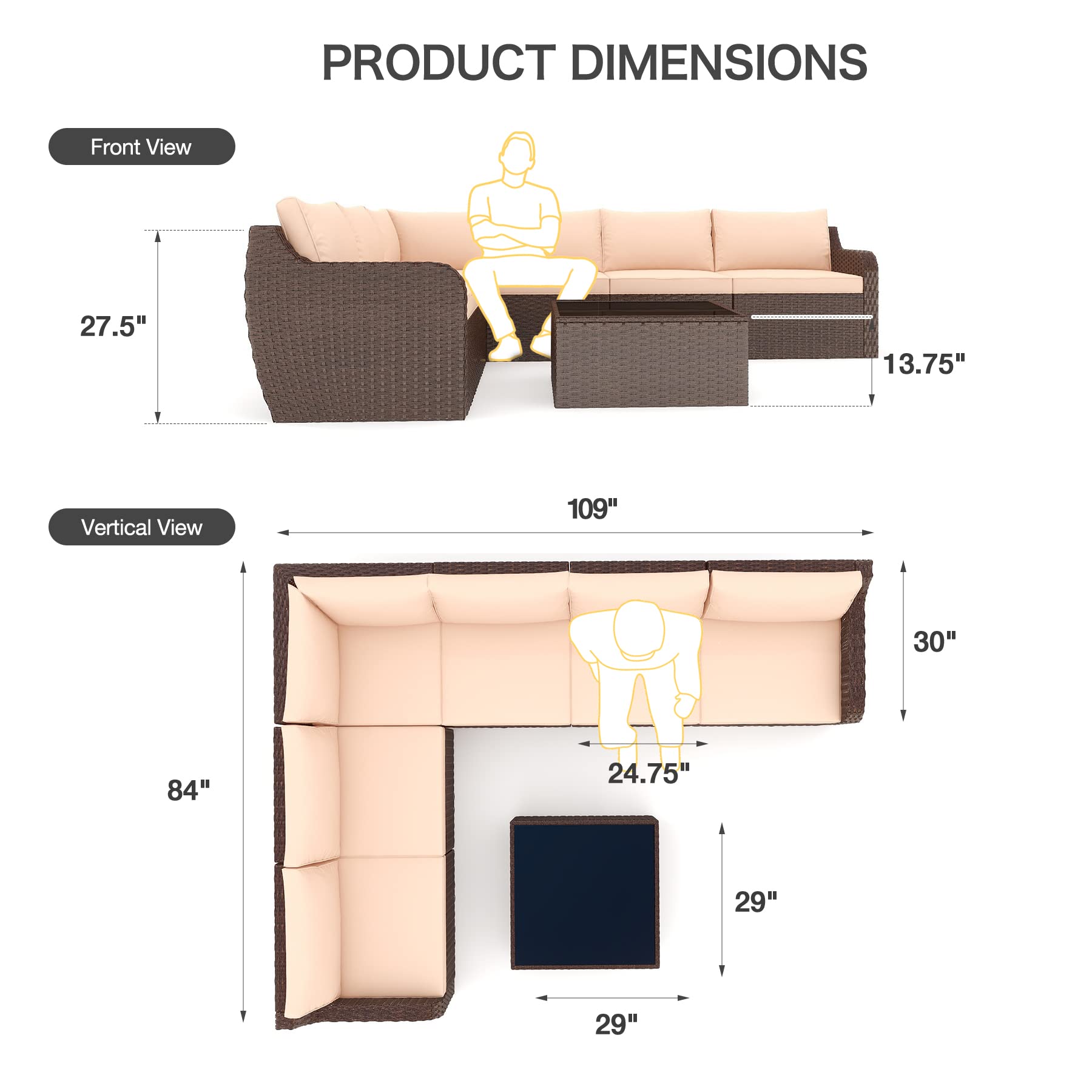 Vicluke 7-Piece PE Rattan Patio Furniture Set - Outdoor Wicker Sectional Sofa with Cushions & Glass Table - High Back Garden Conversation Set for Backyard, Deck, Poolside (Khaki)