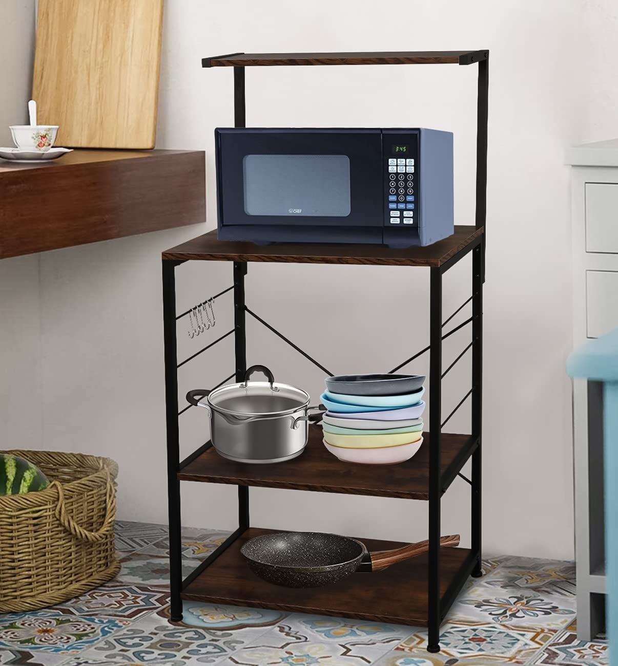 4-Tier Metal Standing Baker's Rack with Hooks - Rustic Brown Kitchen Microwave Oven Stand, Multipurpose Storage Shelf for Living Room & Kitchen - Perfect for Small Spaces, Pantry Organization & Baking Needs