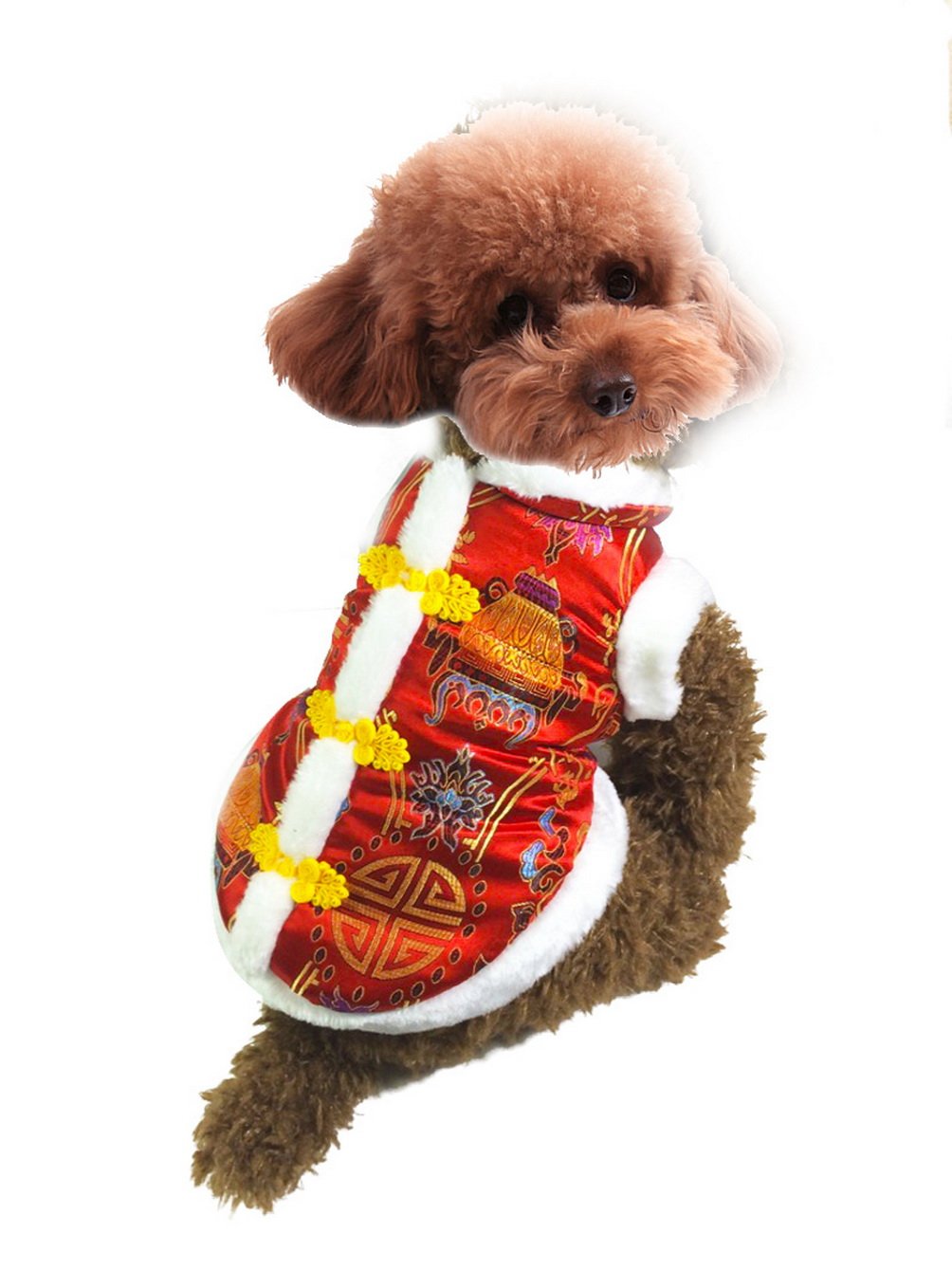 SELMAI Chinese New Year Dog Jacket - Red Tang Dynasty Pattern Winter Coat with Fur Trim for Small Dogs, Cats & Puppies | Festive Holiday Pet Apparel & Outfit for Cold Weather & Special Occasions