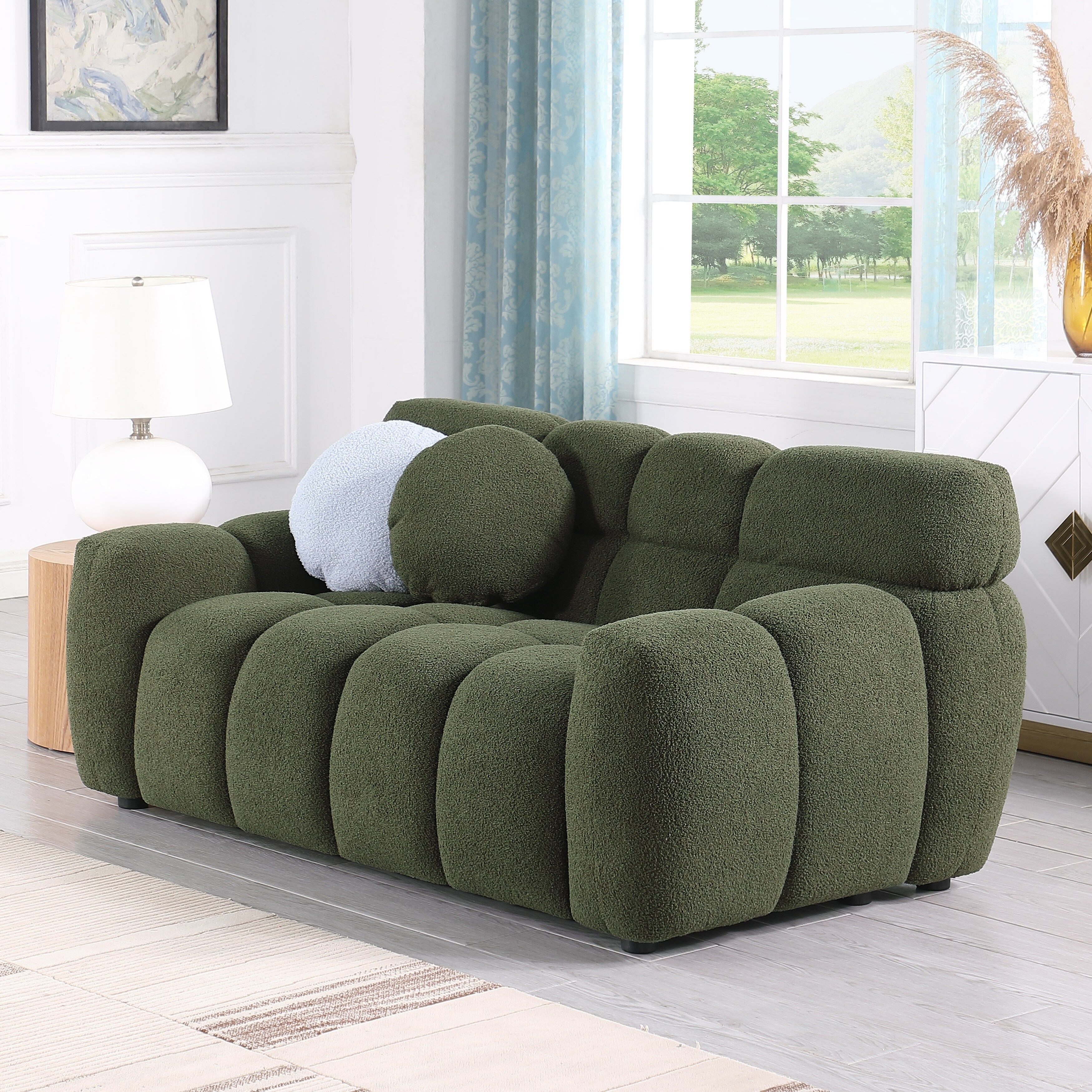 Beige Boucle 3-Seater Sofa - Marshmallow Design with Plush Cushions for Small Living Rooms | Cozy Modern Apartment Furniture for Lounge & Entertaining