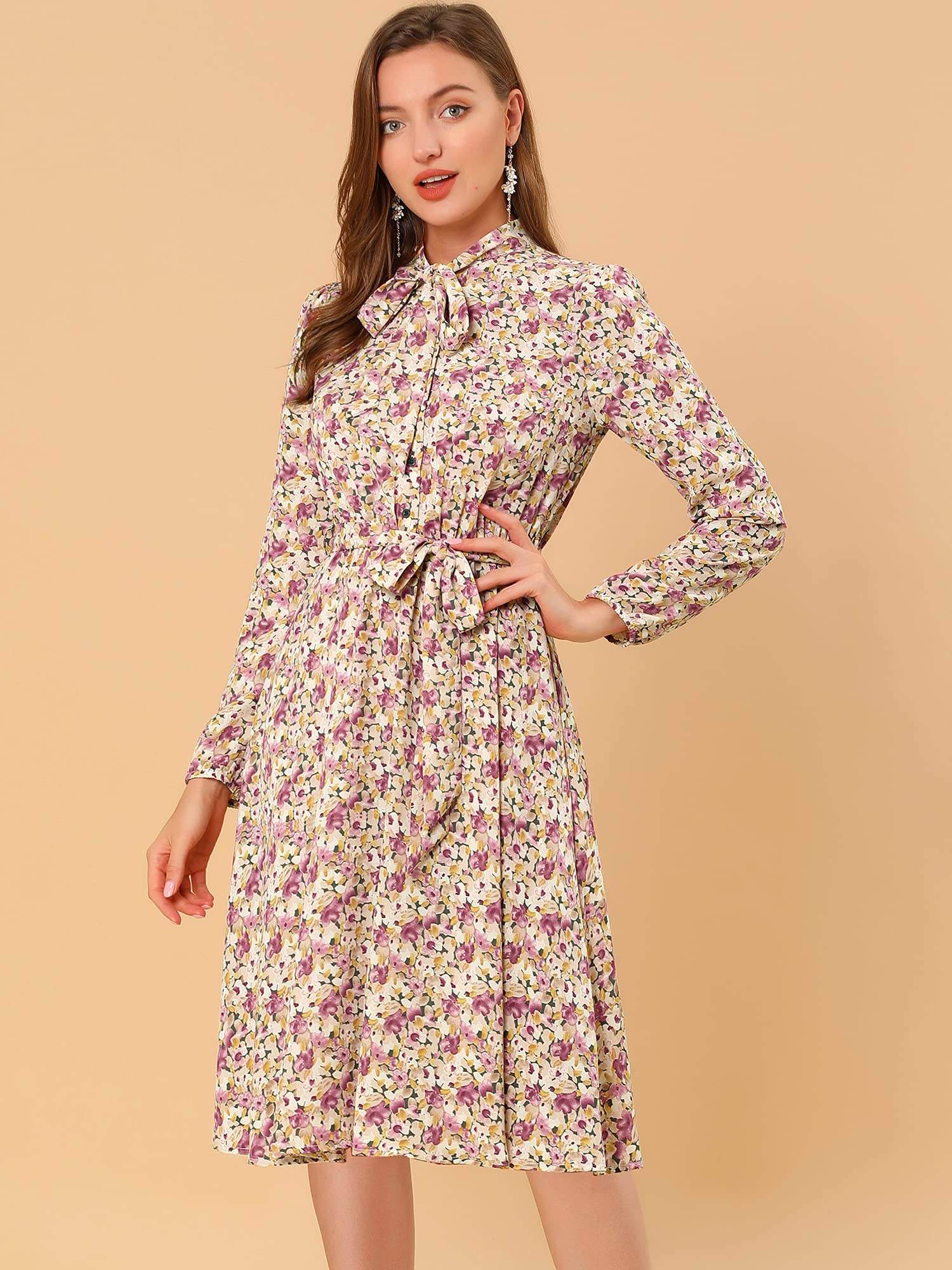 Allegra K Women's Vintage Floral Chiffon Dress with Tie Neck, Long Sleeves & Belt - Elegant Office Wear & Special Occasion Outfit