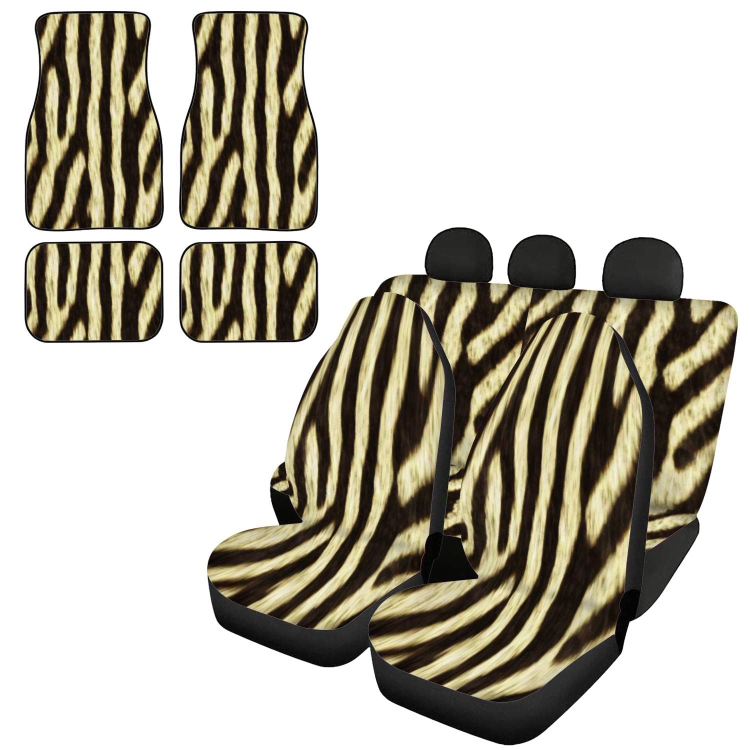 Zebra Print Car Seat Covers Full Set with 4-Piece Floor Mats - Universal Fit for Most Cars - Front & Rear Seat Protectors with Headrest Covers - Stylish Auto Interior Decor for SUVs, Sedans, Trucks - Perfect for Road Trips, Daily Commute & Car Protection