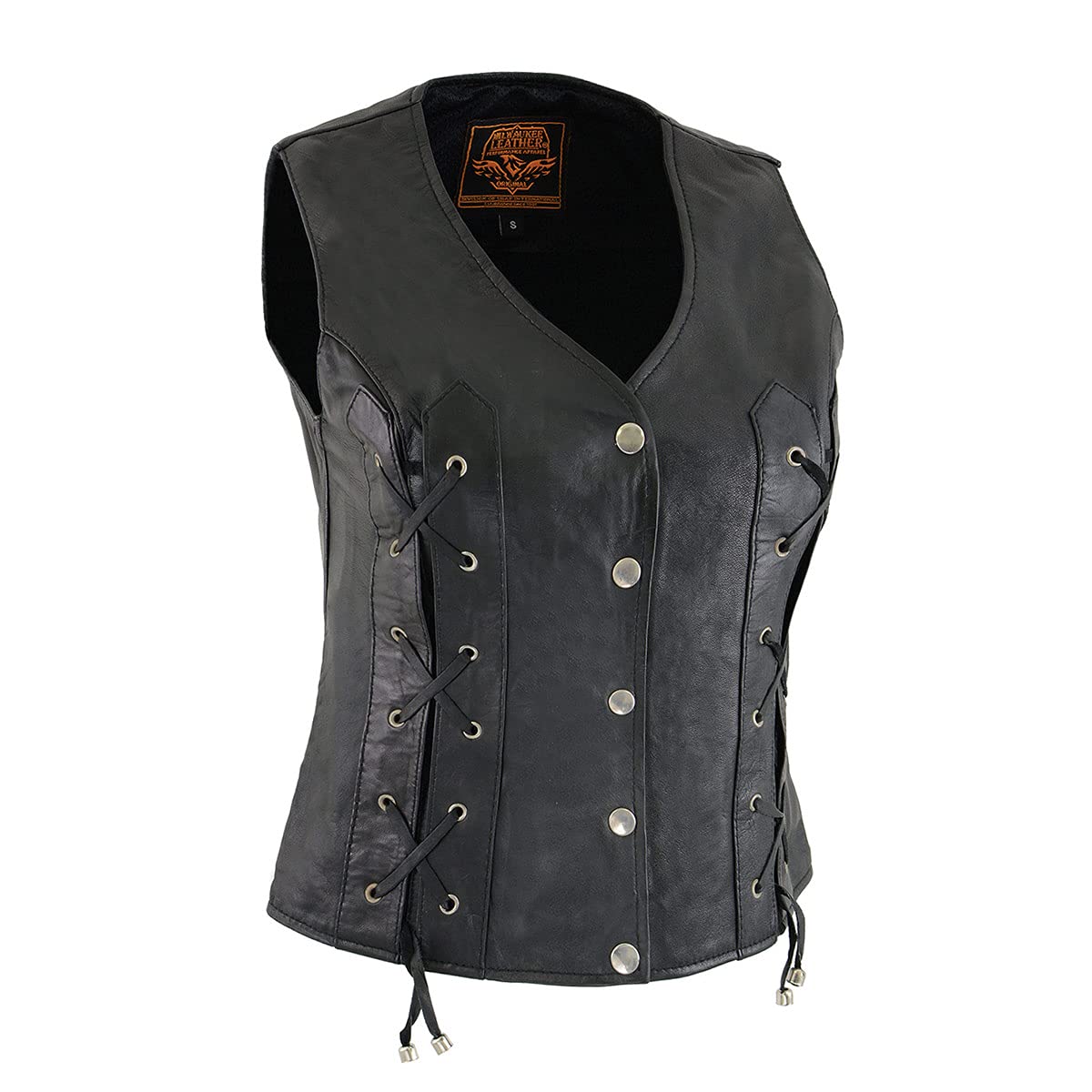 Milwaukee Leather SH1216 Women's Black Leather Vest with Front Laces - Stylish Biker Jacket for Motorcycle Riding & Casual Outfits