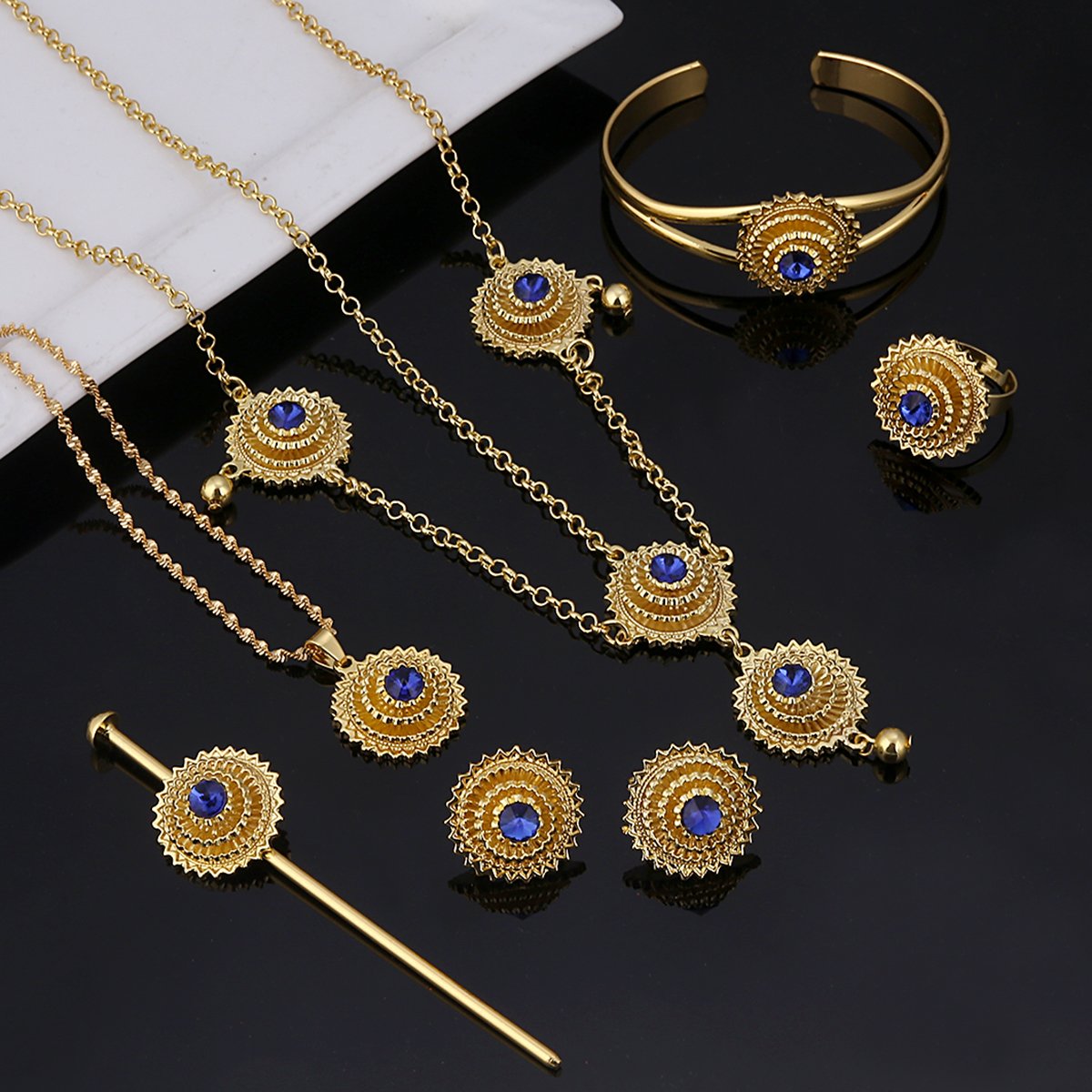 Ethiopian Jewelry Set - Red, Blue & Green Stone Gold Plated African Habesha Wedding Jewelry for Brides, Cultural Events & Special Occasions