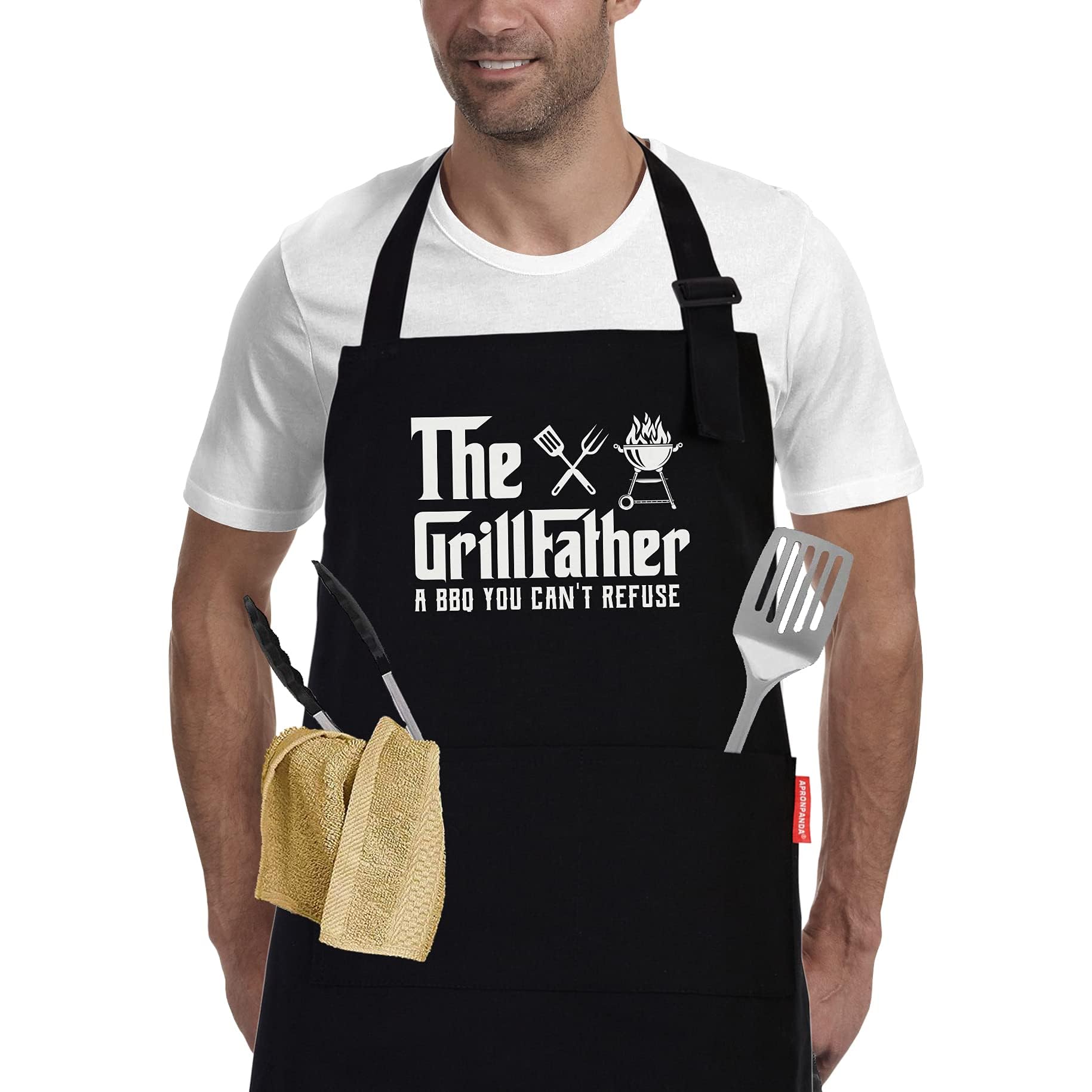 APRONPANDA The Grill Father - Funny BBQ Cooking Apron for Men with Pockets | Perfect Christmas & Birthday Gift for Husband, Dad, Grandad | Ideal for Grilling, Backyard BBQs & Kitchen Cooking