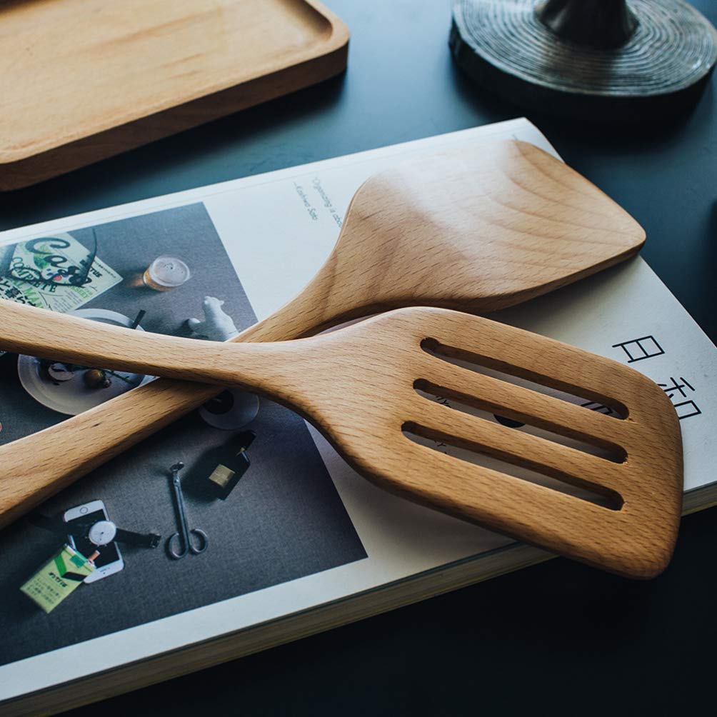 2-Pack Hemoton Wooden Cooking Utensils - Natural Bamboo Spatula Set for Non-Stick Pans & Woks - Wooden Mixing Spoon & Long Handle Kitchen Tools - Perfect for Baking, Frying & Stir-Frying