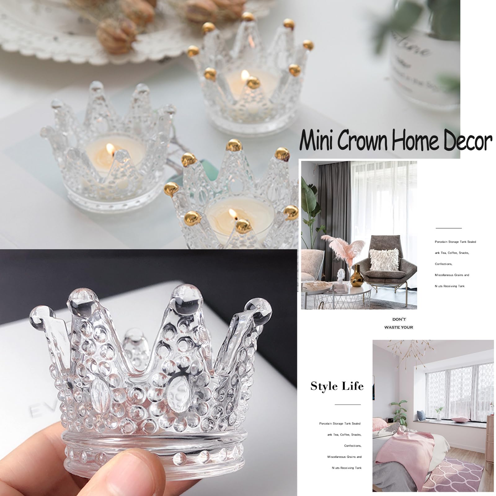 6PCS Clear Crown Votive Candle Holders - Elegant Tea Light Candlesticks & Mini Jewelry Ring Holders for Wedding Decor, Party Centerpieces, Home Tabletop Display, Royal Theme Events and Romantic Ambiance Lighting