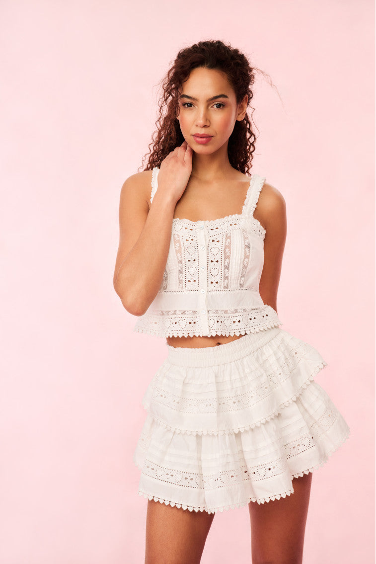 Elegant Ruffle Mini Skirt with Heart Eyelet Lace - Perfect for Date Nights & Summer Outfits