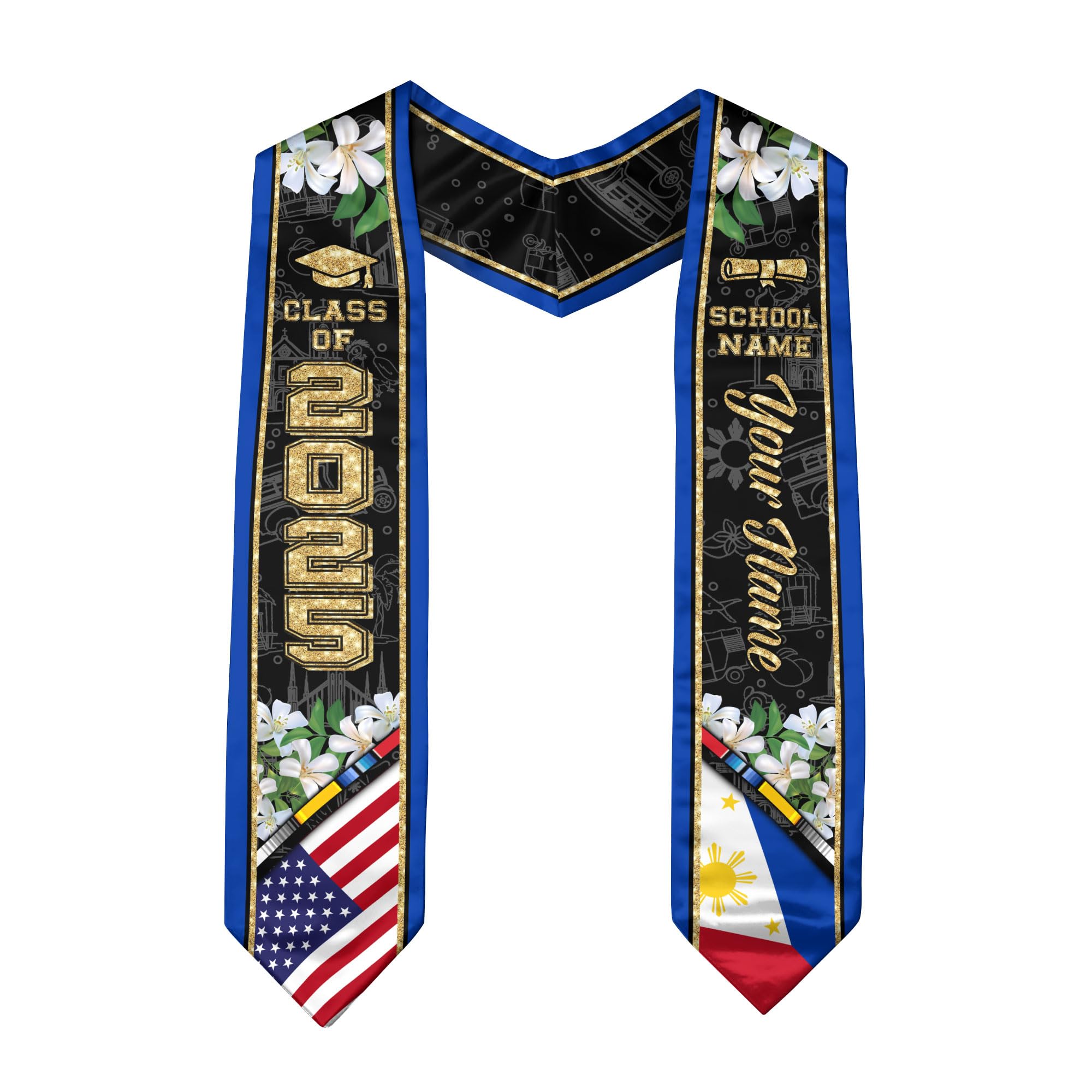 Custom Filipino American Flag Graduation Sash 2025 - Philippines Themed Graduation Stole for High School & College Ceremonies - Perfect for Filipino Heritage Celebrations & Cultural Events