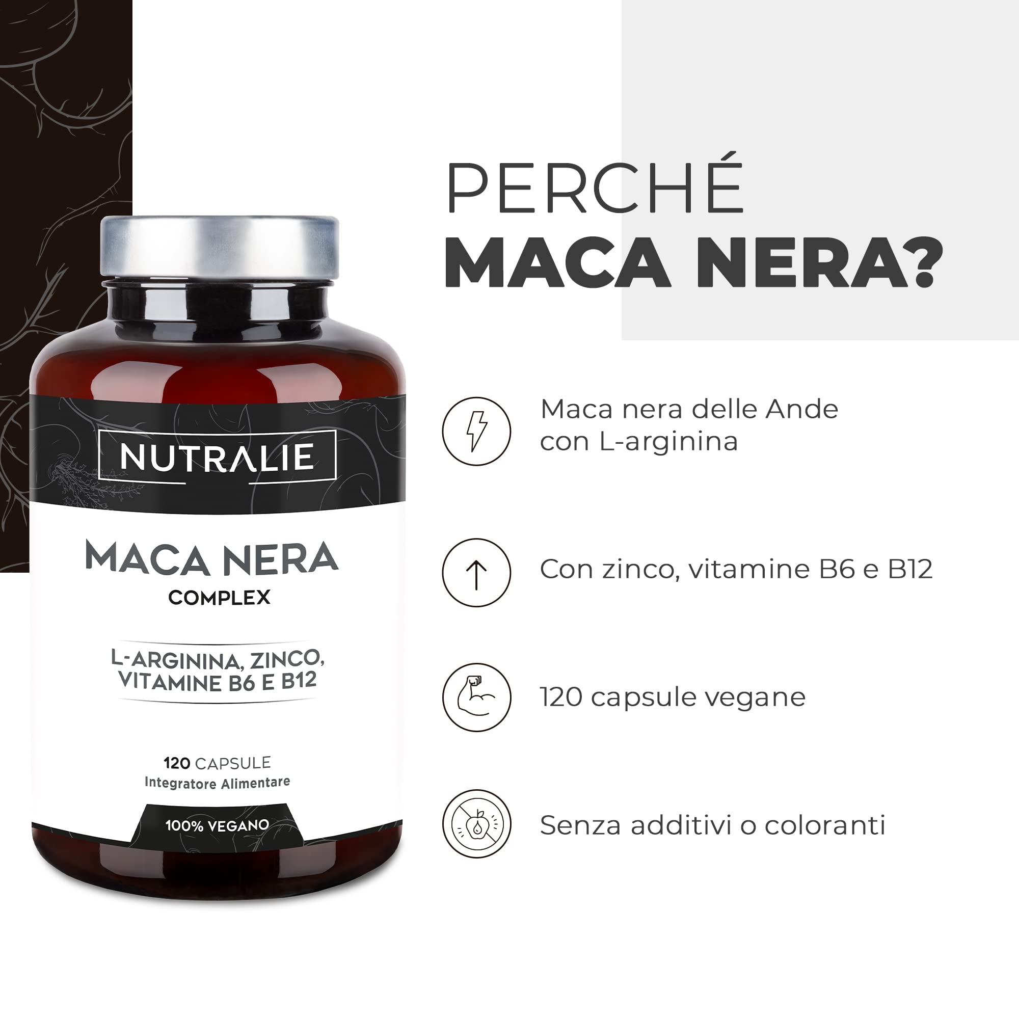 Premium Black Peruvian Maca 32000 mg - 2021 Award Winner - Andean Maca with L-Arginine + Zinc + High Concentration Vitamin B6 & B12 | 120 Vegan Maca Capsules by Nutralie - Boost Energy, Stamina & Libido for Athletes & Active Lifestyles