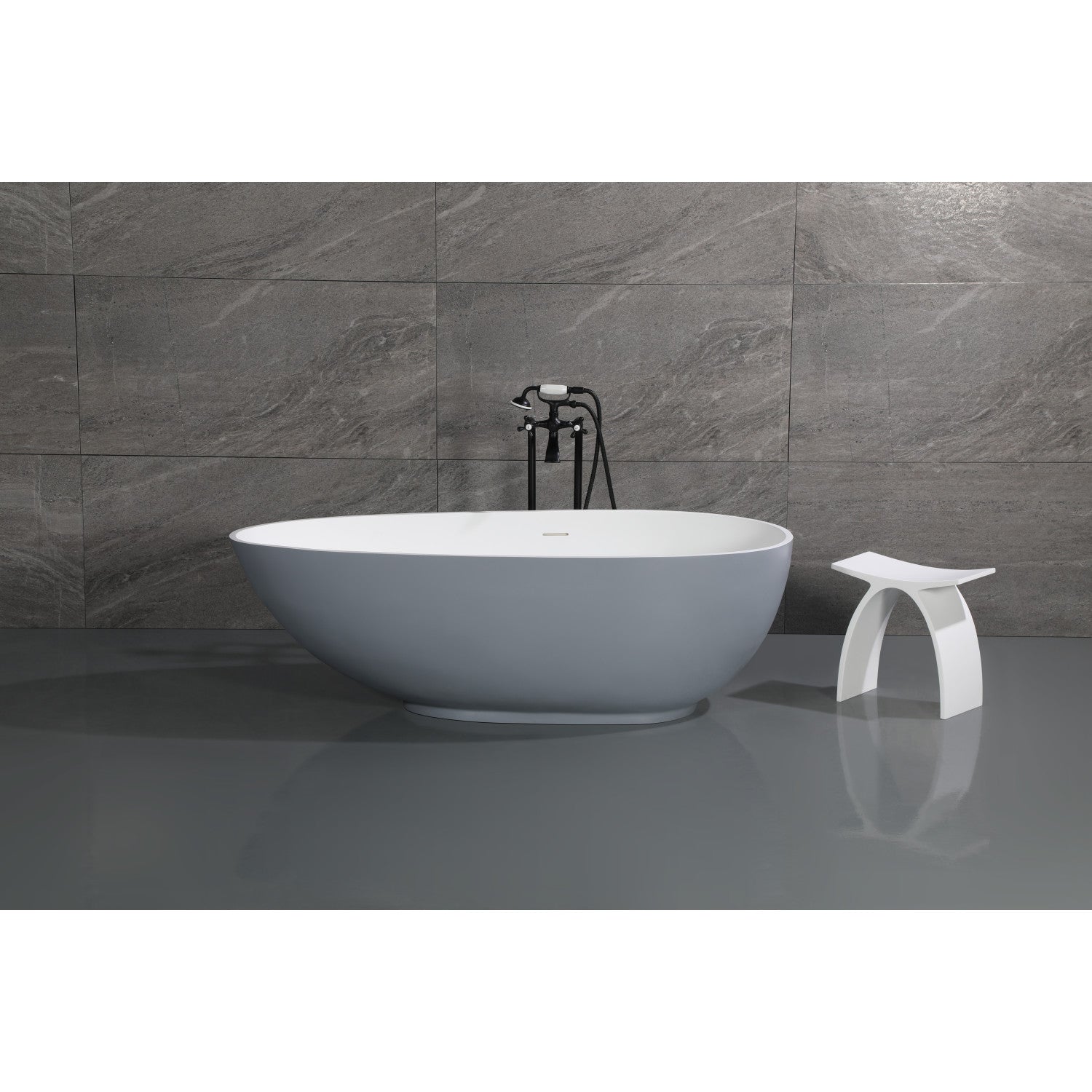 Arcticstone 67 Inch Freestanding Bathtub - Double Ended Egg Shaped Solid Surface Tub with Drain in Glossy White/Matte Gray | Modern Bathroom Luxury for Spa-Like Relaxation