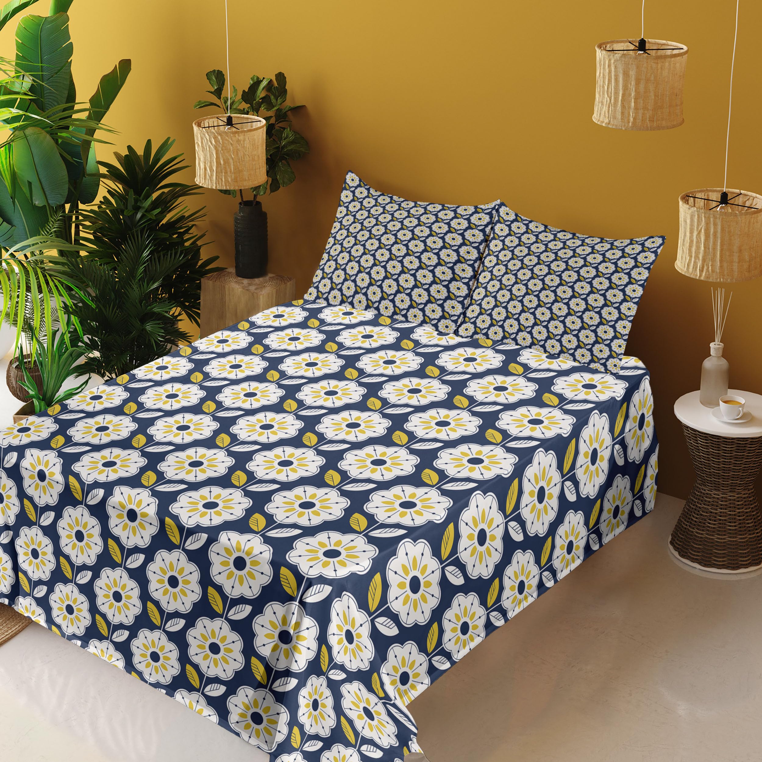 Ambesonne Floral King Sheet Set - Scandinavian Style 8-Petal Flower Design, 4-Piece Bedding Set with Fitted Sheet, Flat Sheet & Pillowcases in Indigo Multicolor - Perfect for Master Bedroom, Guest Room & Vacation Homes