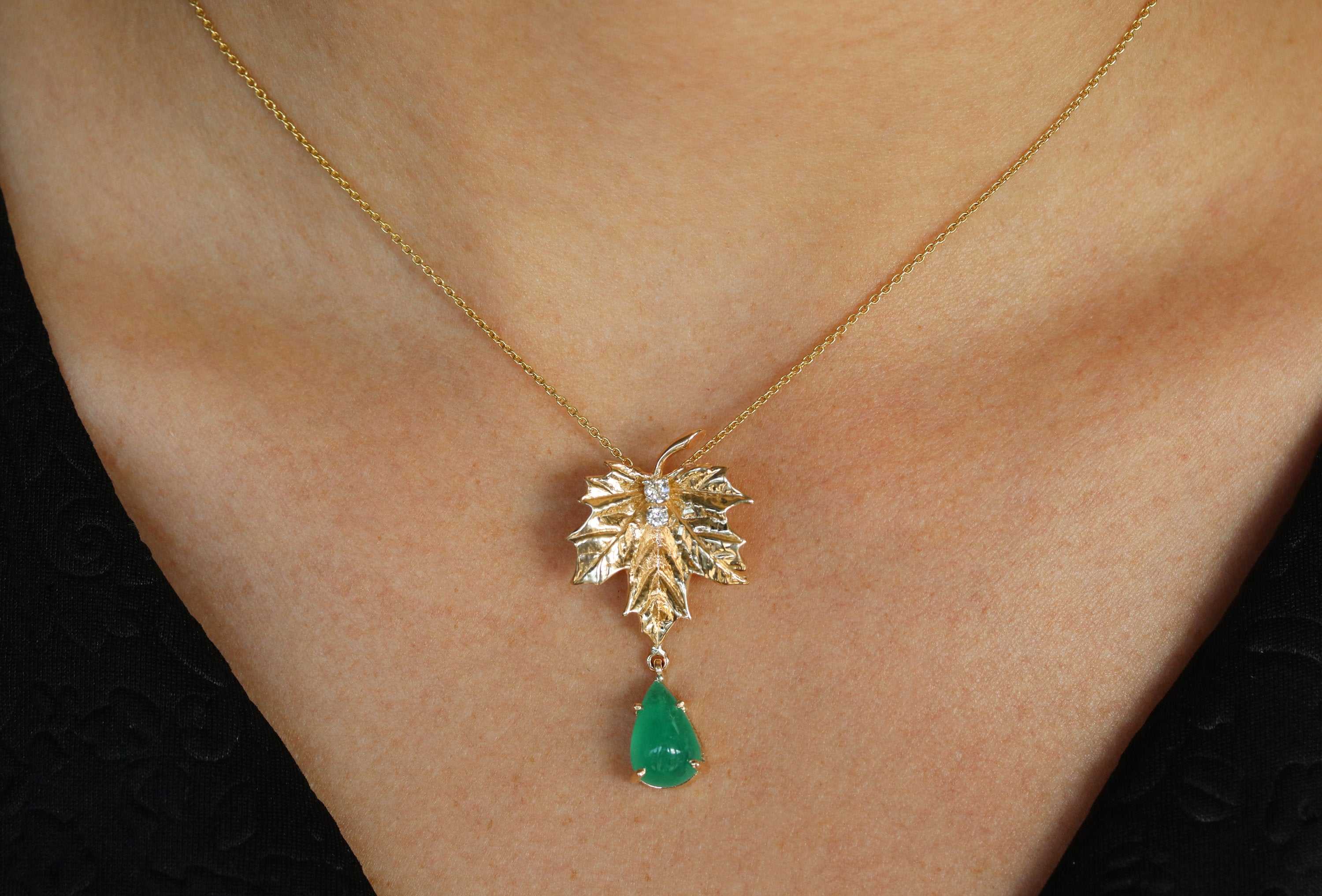 4.05tcw Maple Leaf Emerald & Diamond 14K Gold Drop Pendant Necklace – Elegant Jewelry Gift for Women, Perfect for Weddings, Anniversaries & Special Occasions