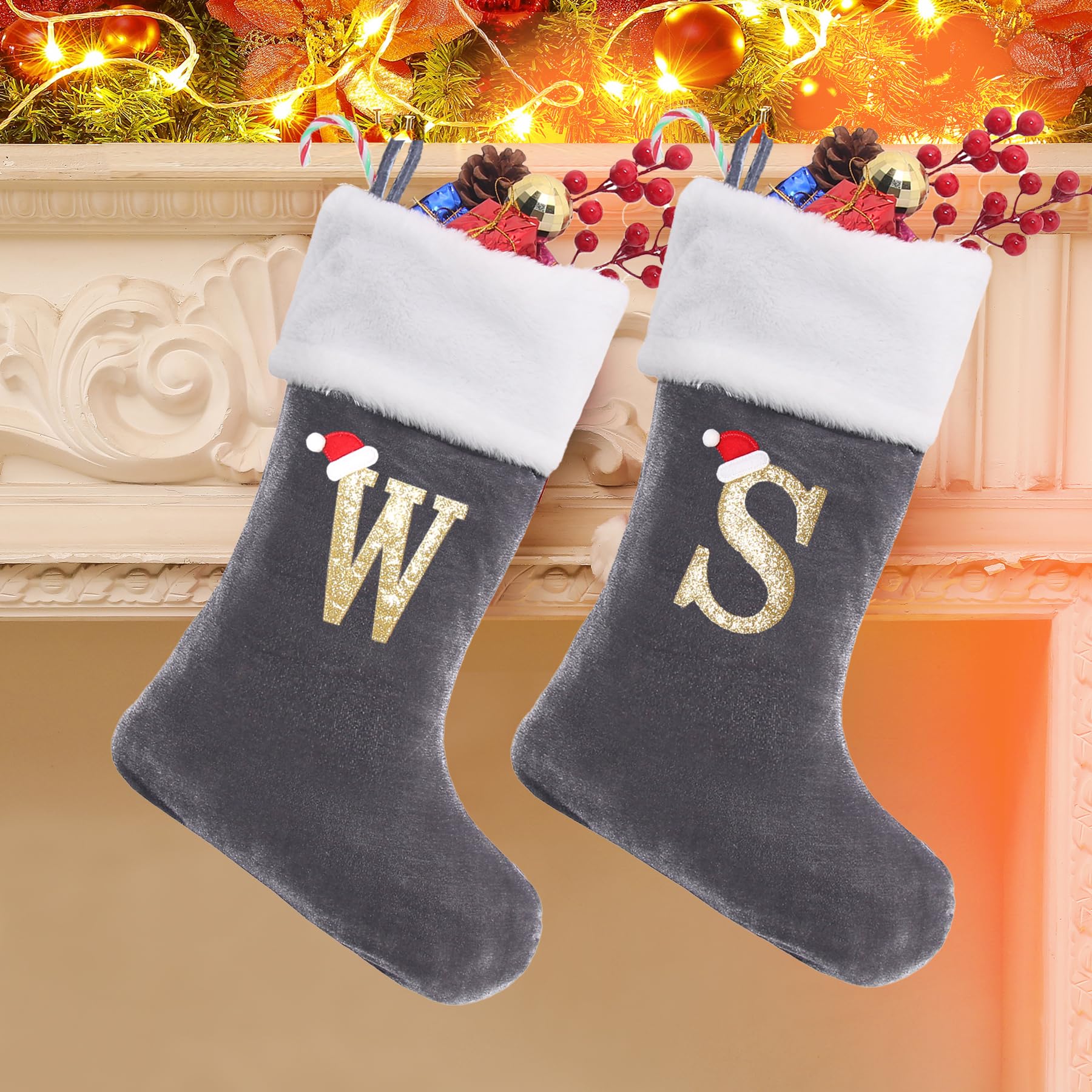 20 Inch Personalized Monogram Christmas Stockings - Large Grey Velvet with White Plush Cuff - Custom Holiday Stockings for Fireplace, Xmas Tree Decor & Festive Gift Giving