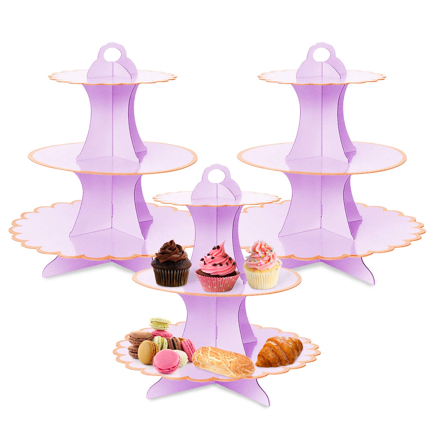 3-Tier Cupcake Stand Set - Purple Cardboard Dessert Display Tower for Mini Cakes, Cookies & Candy Buffet | Perfect for Birthday Parties, Baby Showers & Wedding Receptions