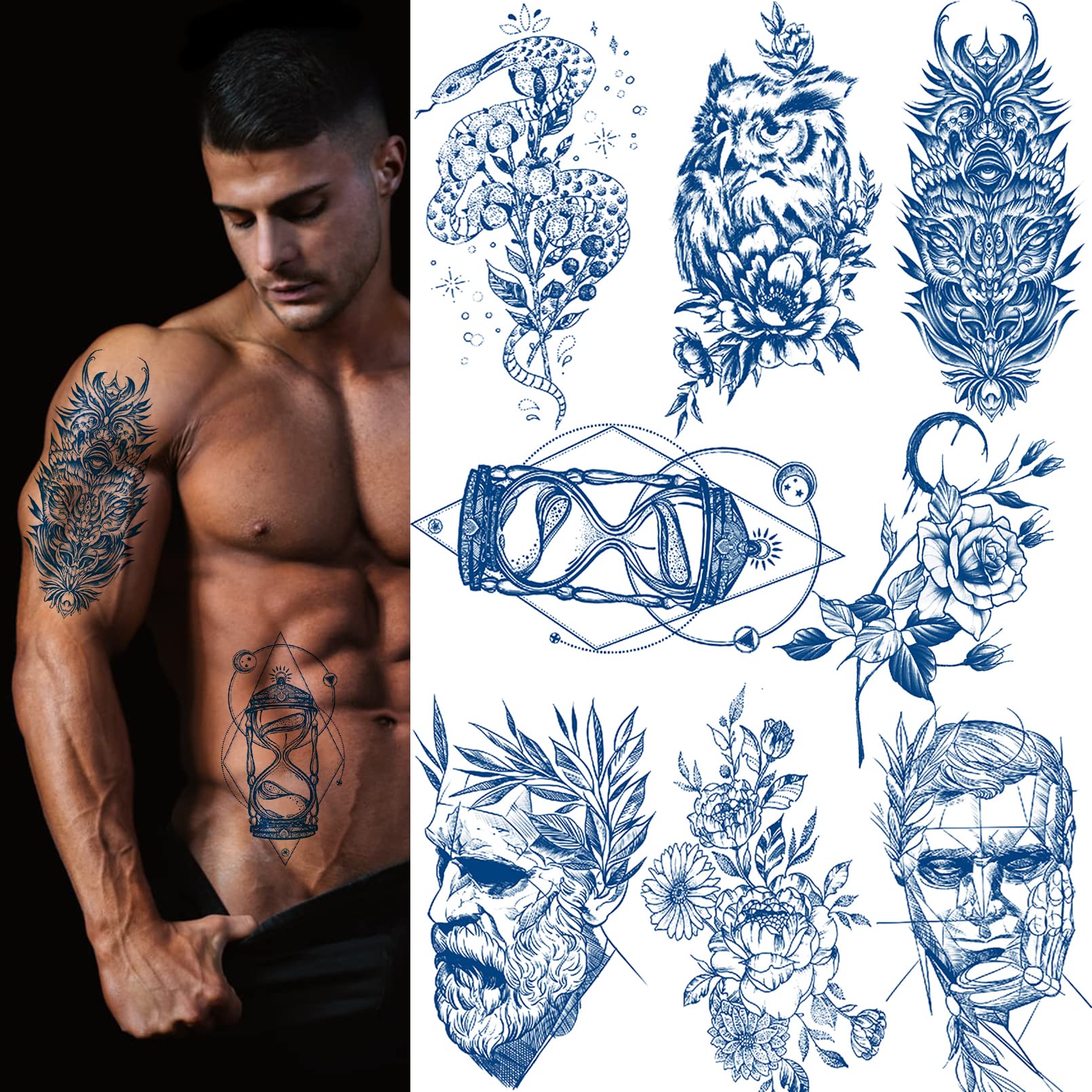 Realistic Fake Tattoos for Men & Teen Boys - Waterproof Semi-Permanent Tattoo Stickers Last 1-2 Weeks - Blue Design Looks Like Real Tattoo - Perfect for Parties, Halloween, Cosplay & Temporary Body Art