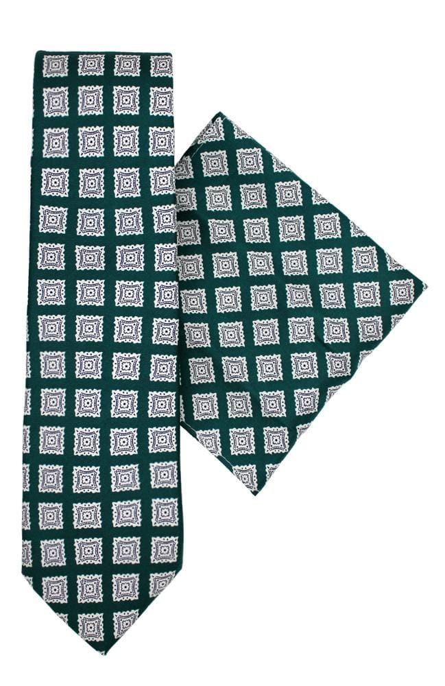 Luxury Green Foulard Silk Tie and Pocket Square Set - Classic Men's Necktie & Handkerchief Gift Set for Weddings, Business & Formal Occasions