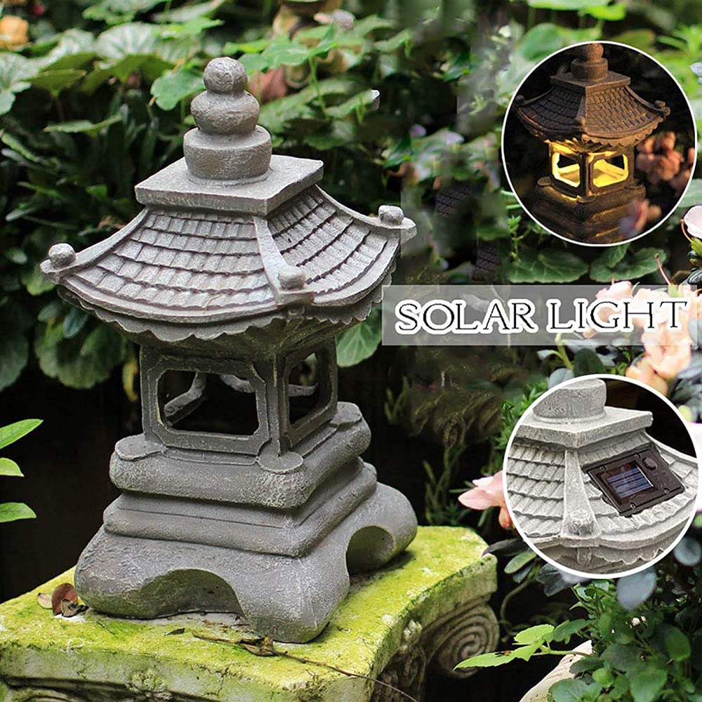 Solar Powered LED Pagoda Stupa Lantern - 16.2 Inch Waterproof Japanese Style Outdoor Garden Statue & Sculpture | Perfect for Zen Gardens, Patio Decor, and Landscape Lighting