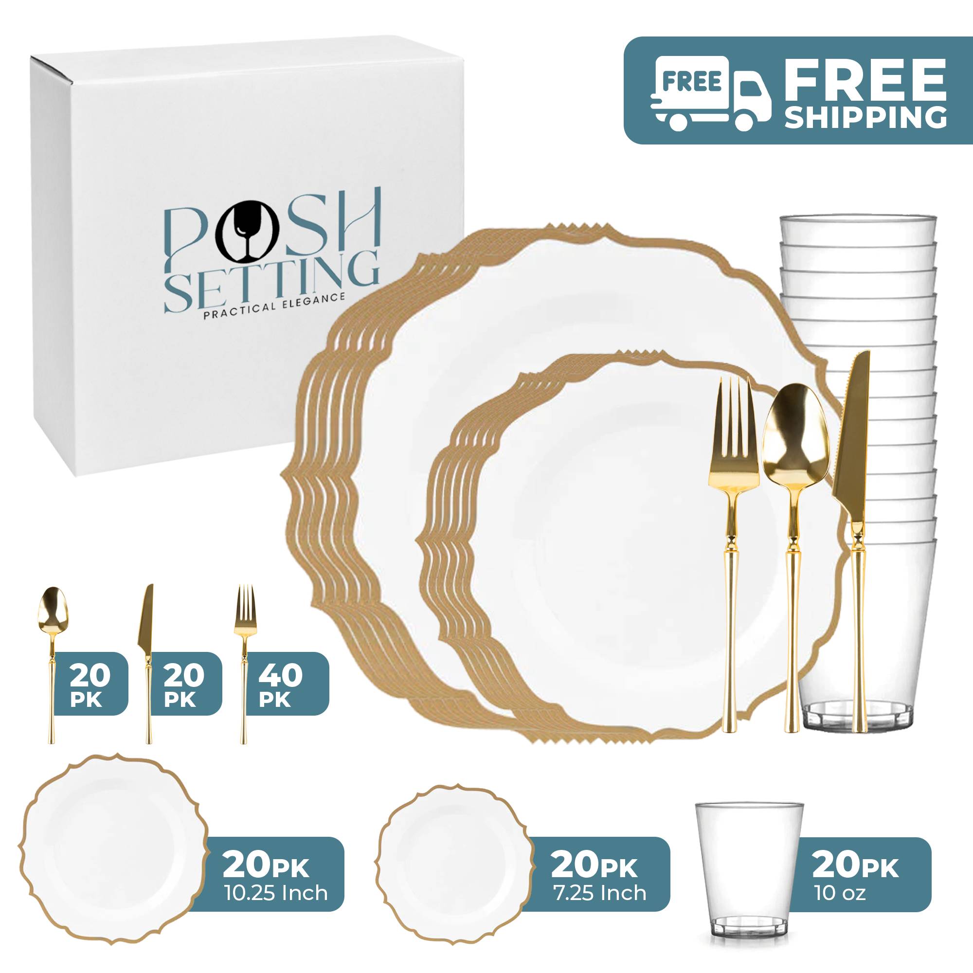 White and Gold Plastic Party Bundle - Elegant Disposable Tableware Set for Weddings, Birthdays & Events - Perfect for Celebrations, Gatherings and Special Occasions